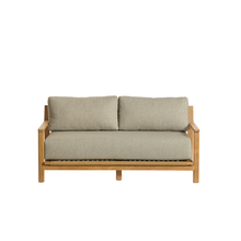 Divano da giardino in teak massiccio con cuscini grigi melange, 2 posti.