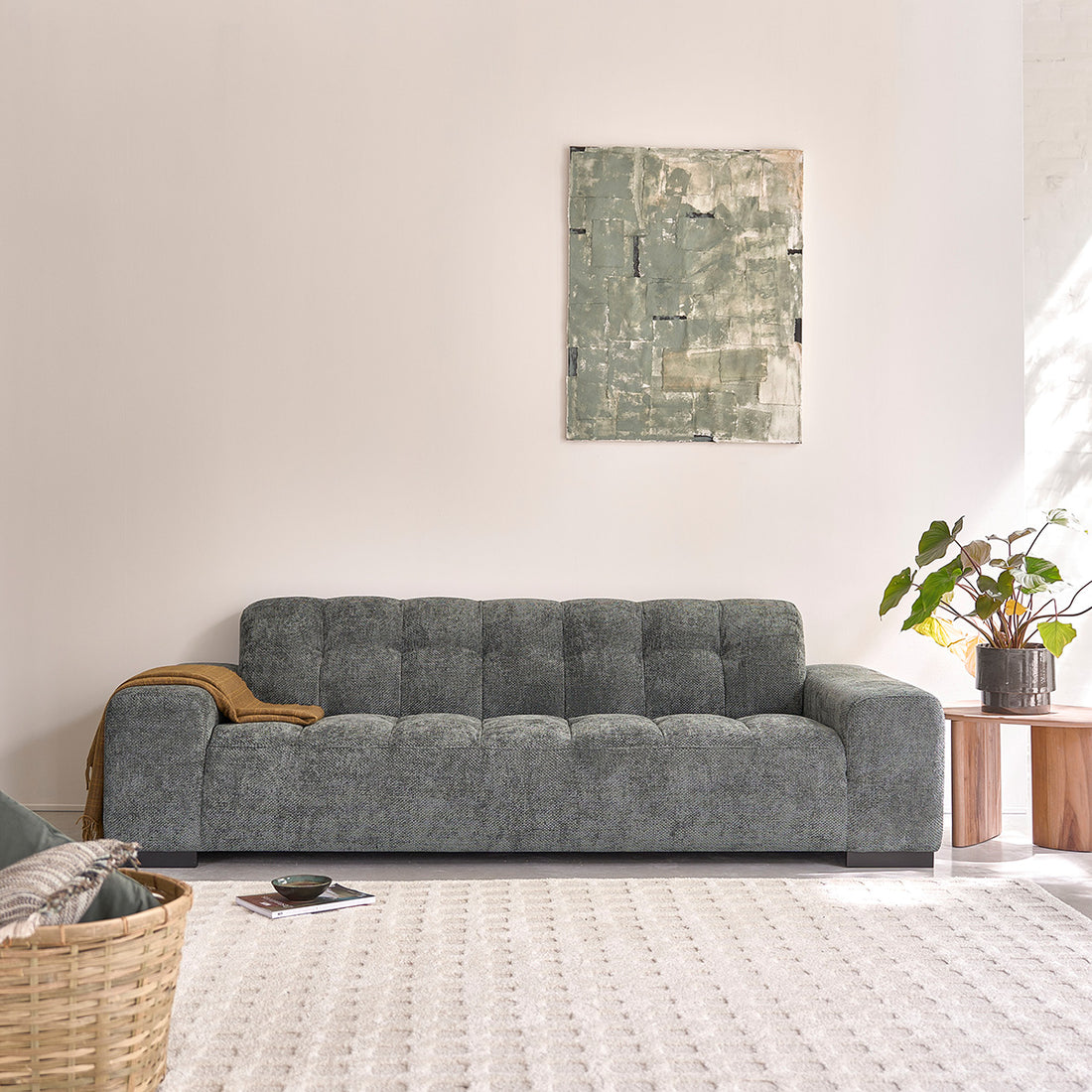 ALPHONSE - Divano dritto a 4 posti in velluto intrecciato grigio-verde