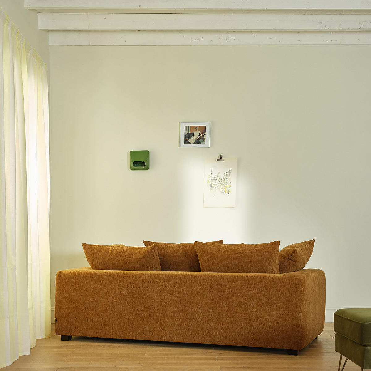 EDMOND - Divano lineare a 3 posti in tessuto effetto lino color bronzo