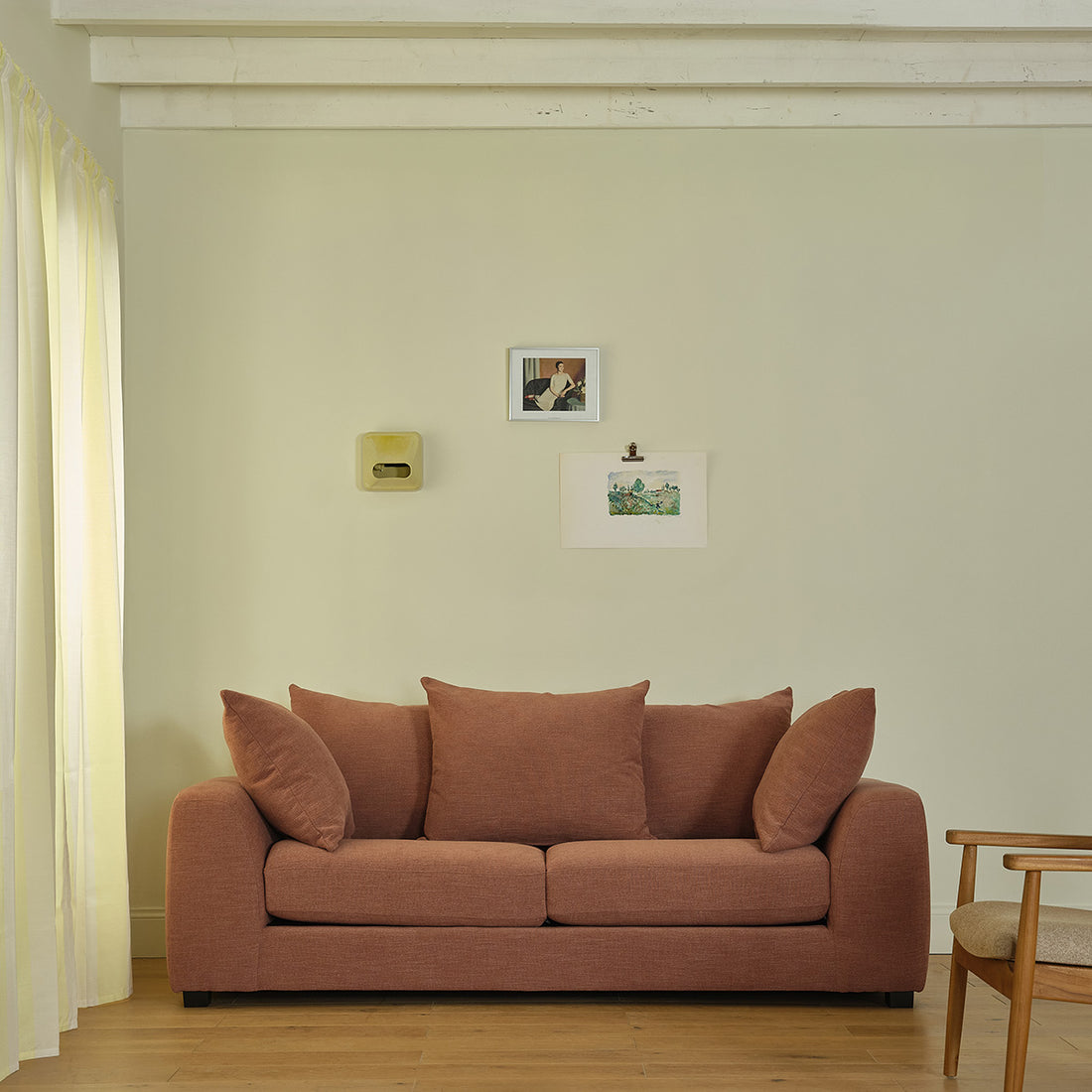 EDMOND - Divano lineare a 3 posti in tessuto effetto lino color terracotta