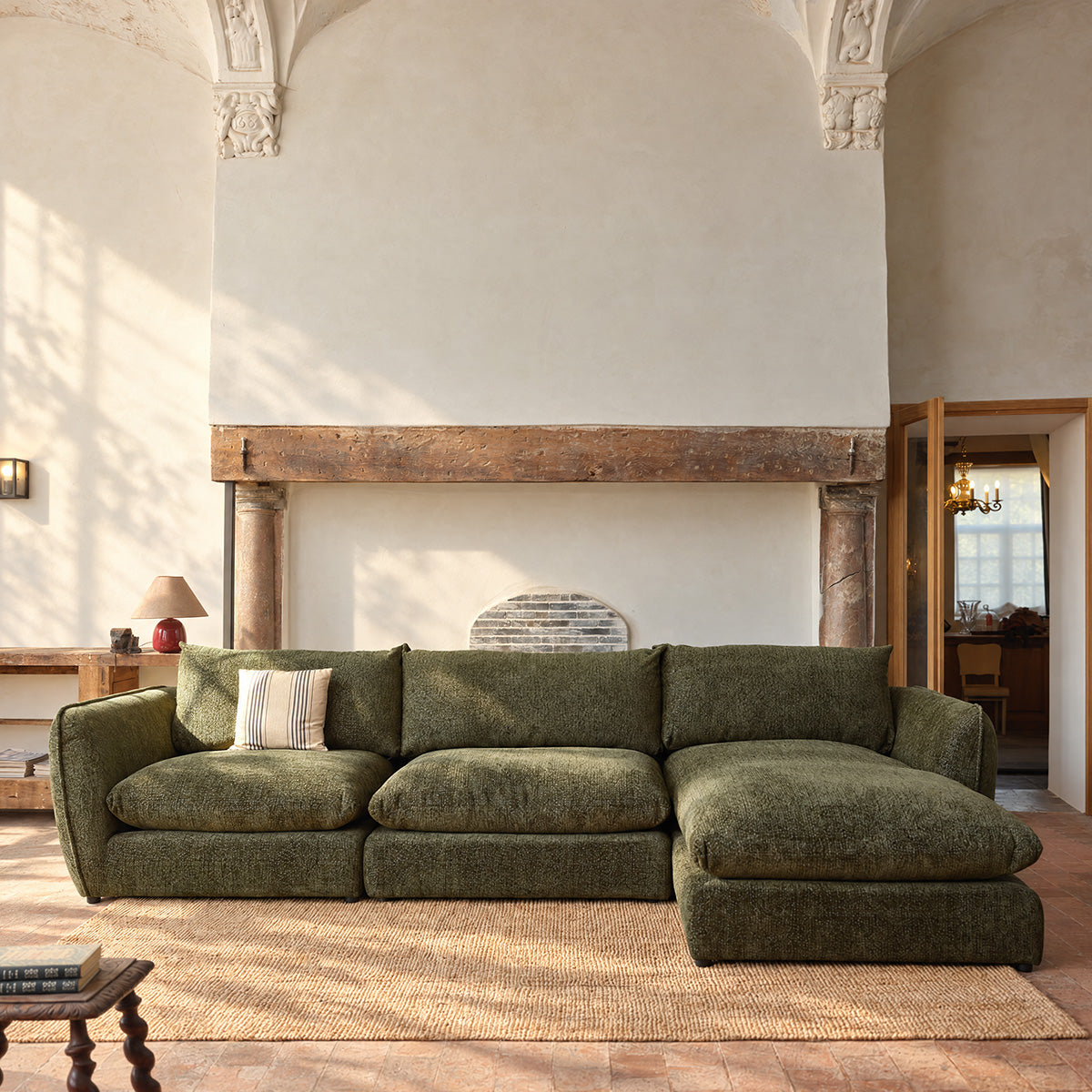 LEOPOLD - Divano componibile a 3 posti in tessuto chenille verde melange - chaise longue a destra