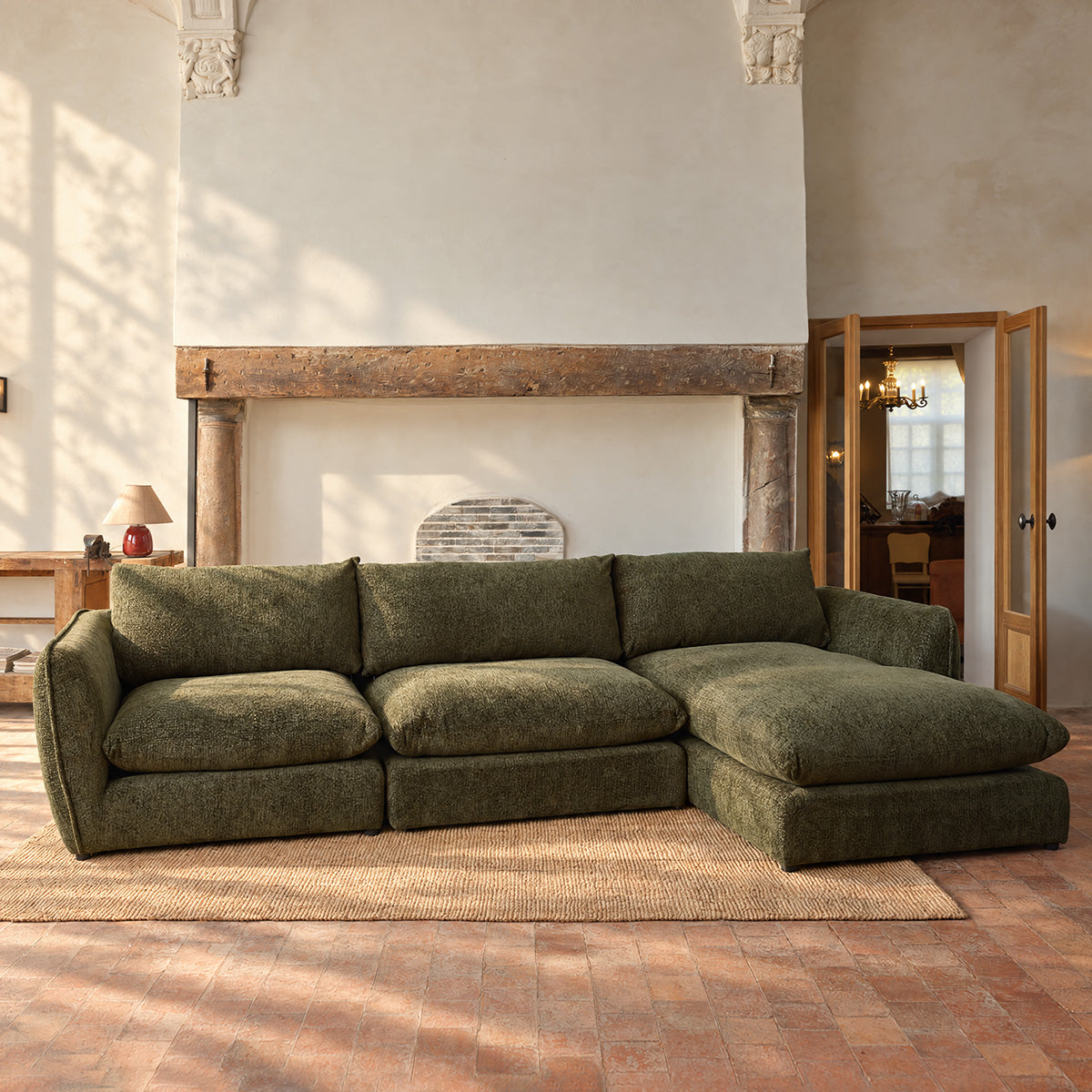 LEOPOLD - Divano componibile a 3 posti in tessuto chenille verde melange - chaise longue a destra