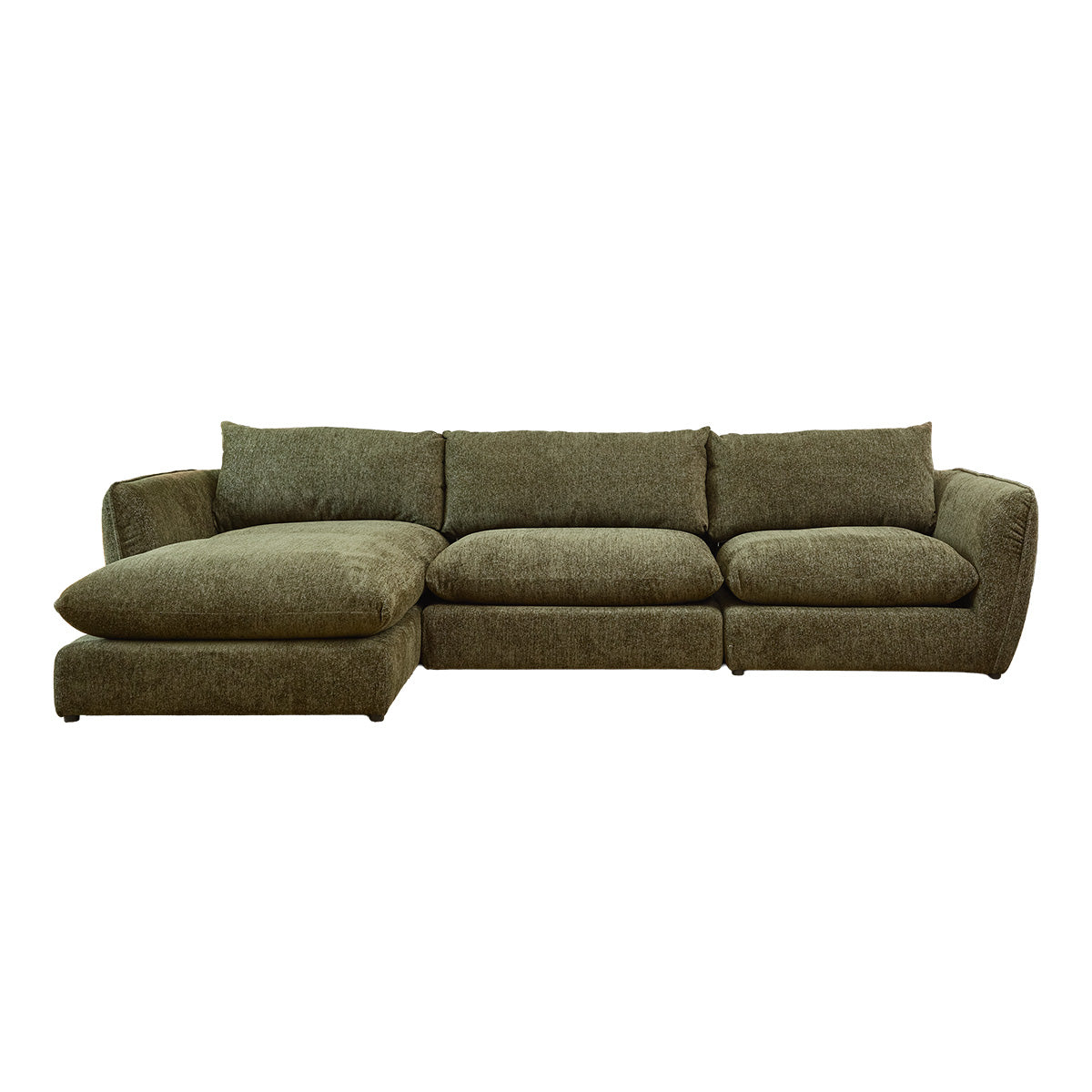 LEOPOLD - Divano componibile a 3 posti in tessuto ciniglia verde melange - chaise longue a sinistra