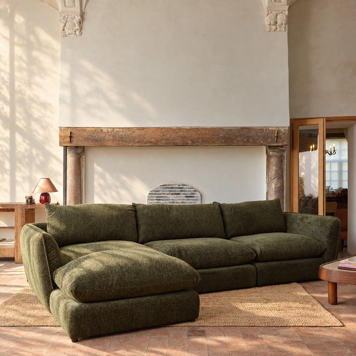 LEOPOLD - Divano componibile a 3 posti in tessuto ciniglia verde melange - chaise longue a sinistra