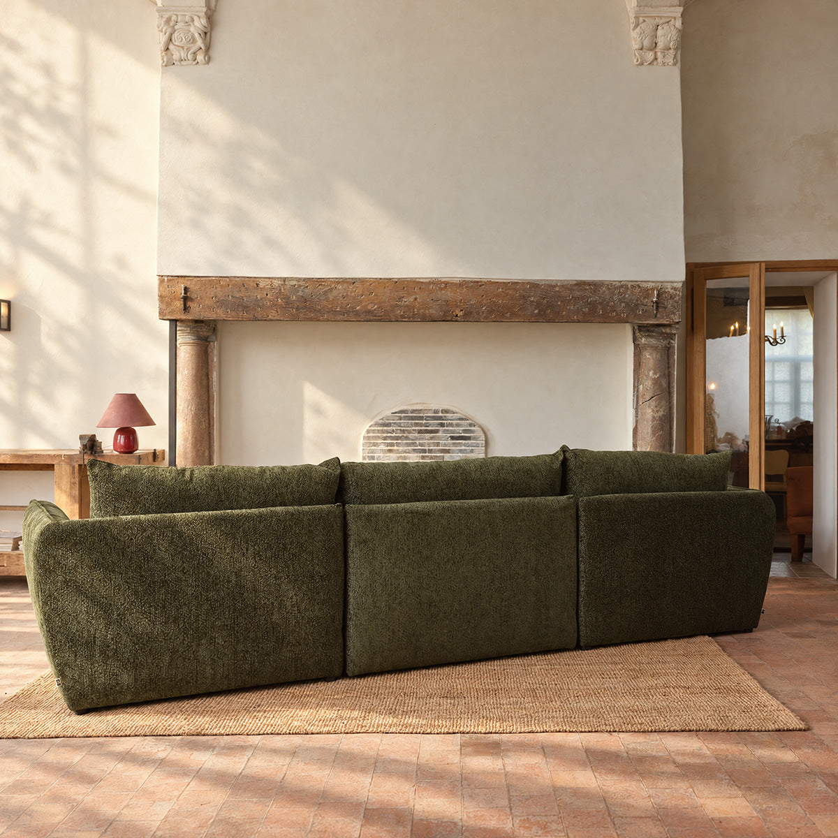 LEOPOLD - Divano componibile a 3 posti in tessuto ciniglia verde melange - chaise longue a sinistra