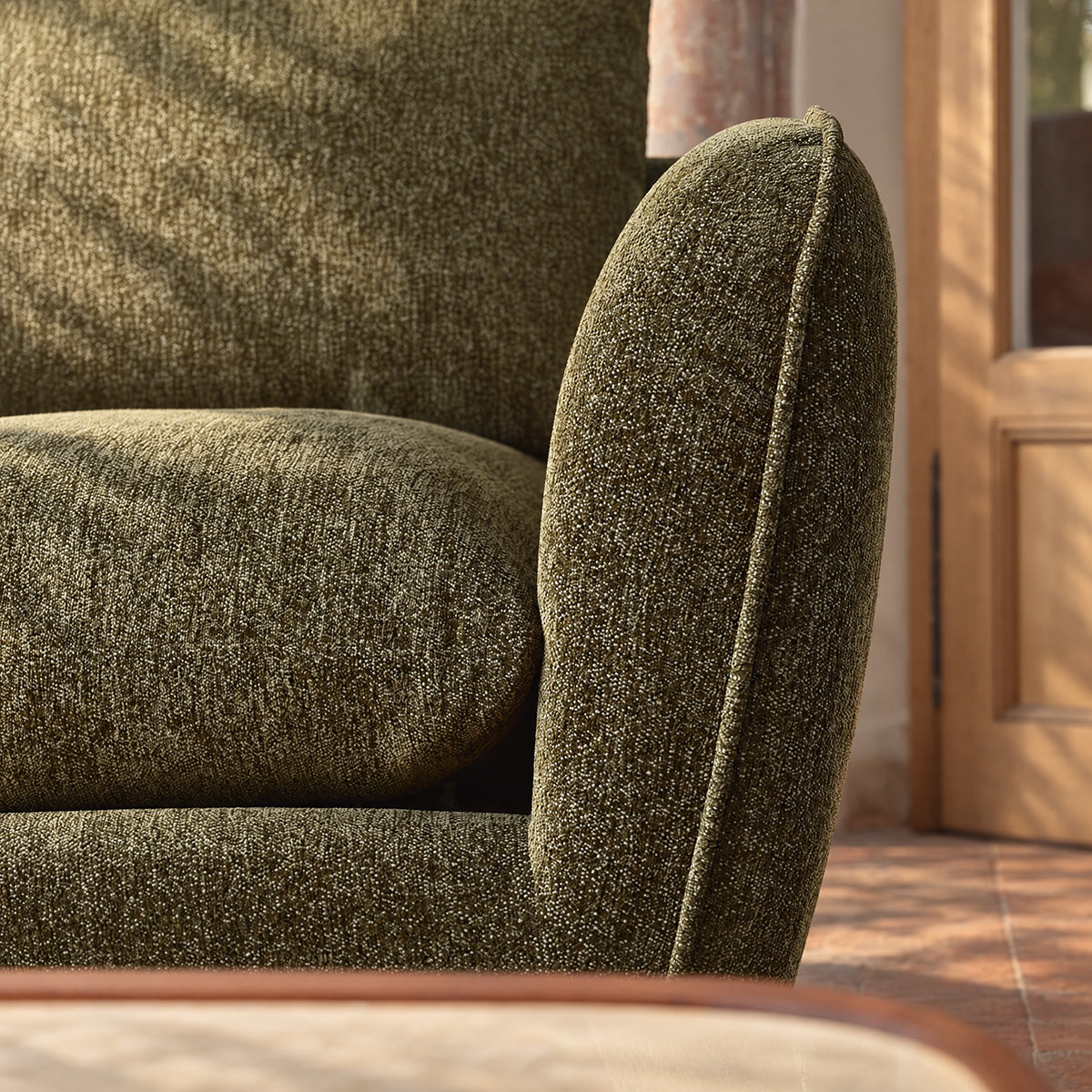 LEOPOLD - Divano componibile a 3 posti in tessuto ciniglia verde melange - chaise longue a sinistra