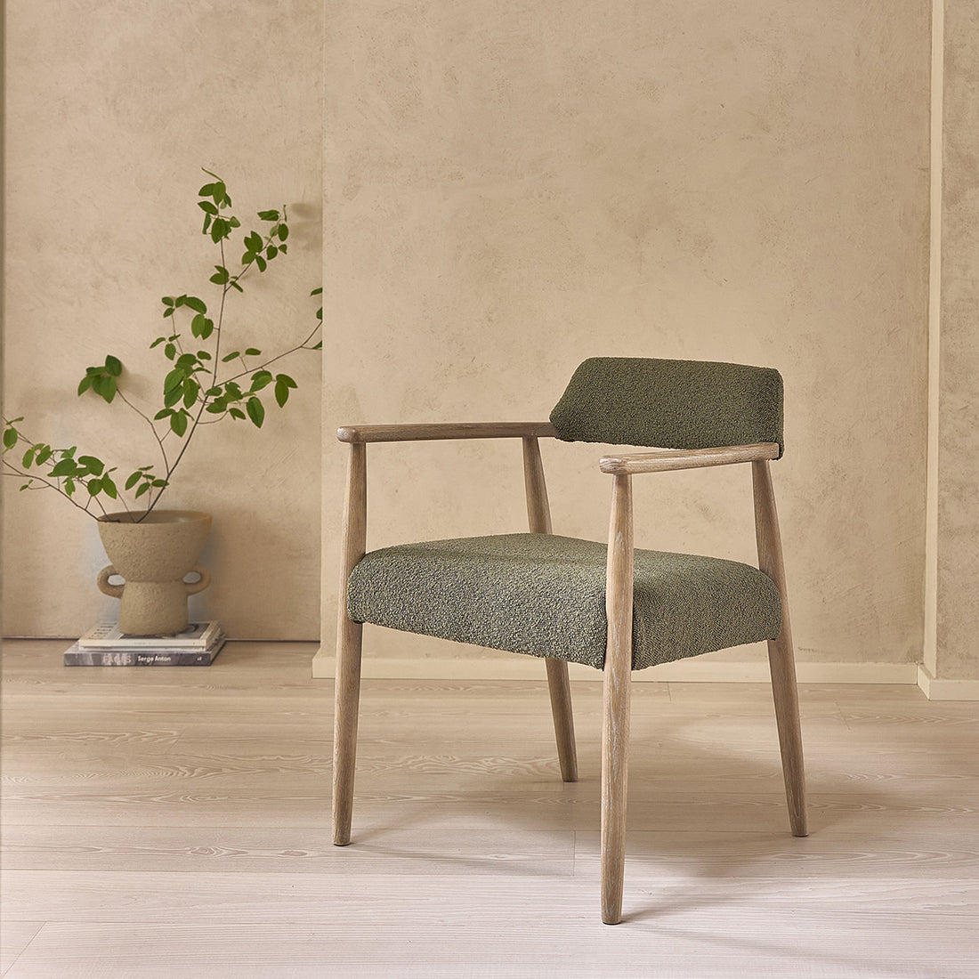 LUISA - Sedia in rovere e tessuto bouclé kaki