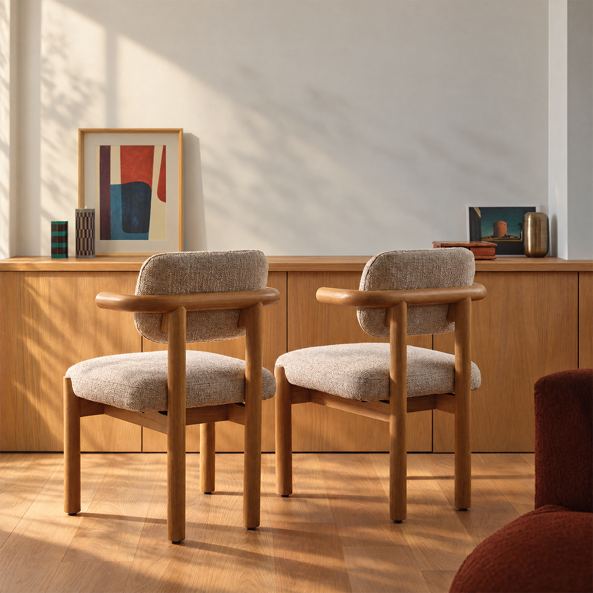 NEO - Set di 2 sedie in legno massello di mindi naturale e tessuto beige melange
