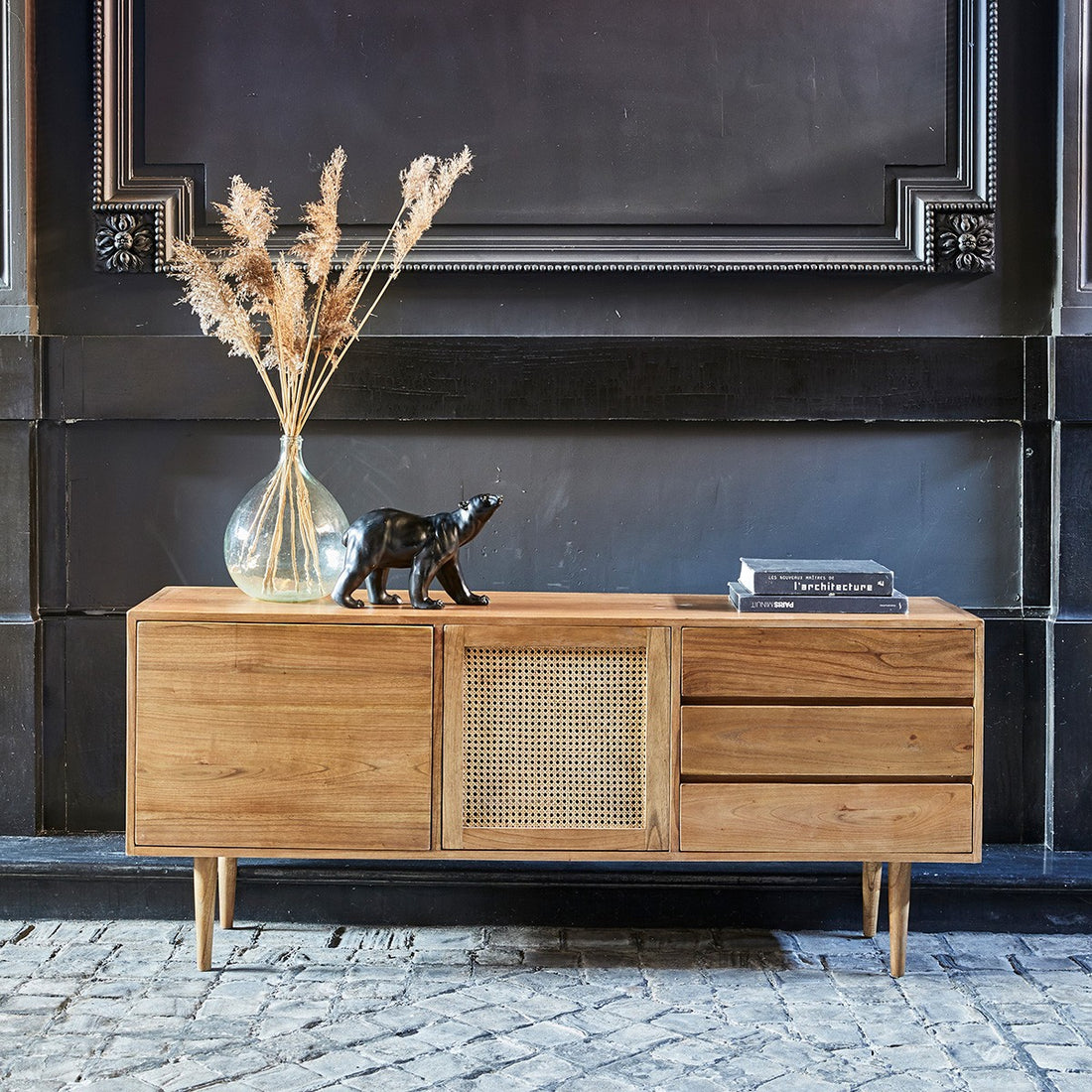 HANA - Cassettiera in mindi massello e cannage 175 cm