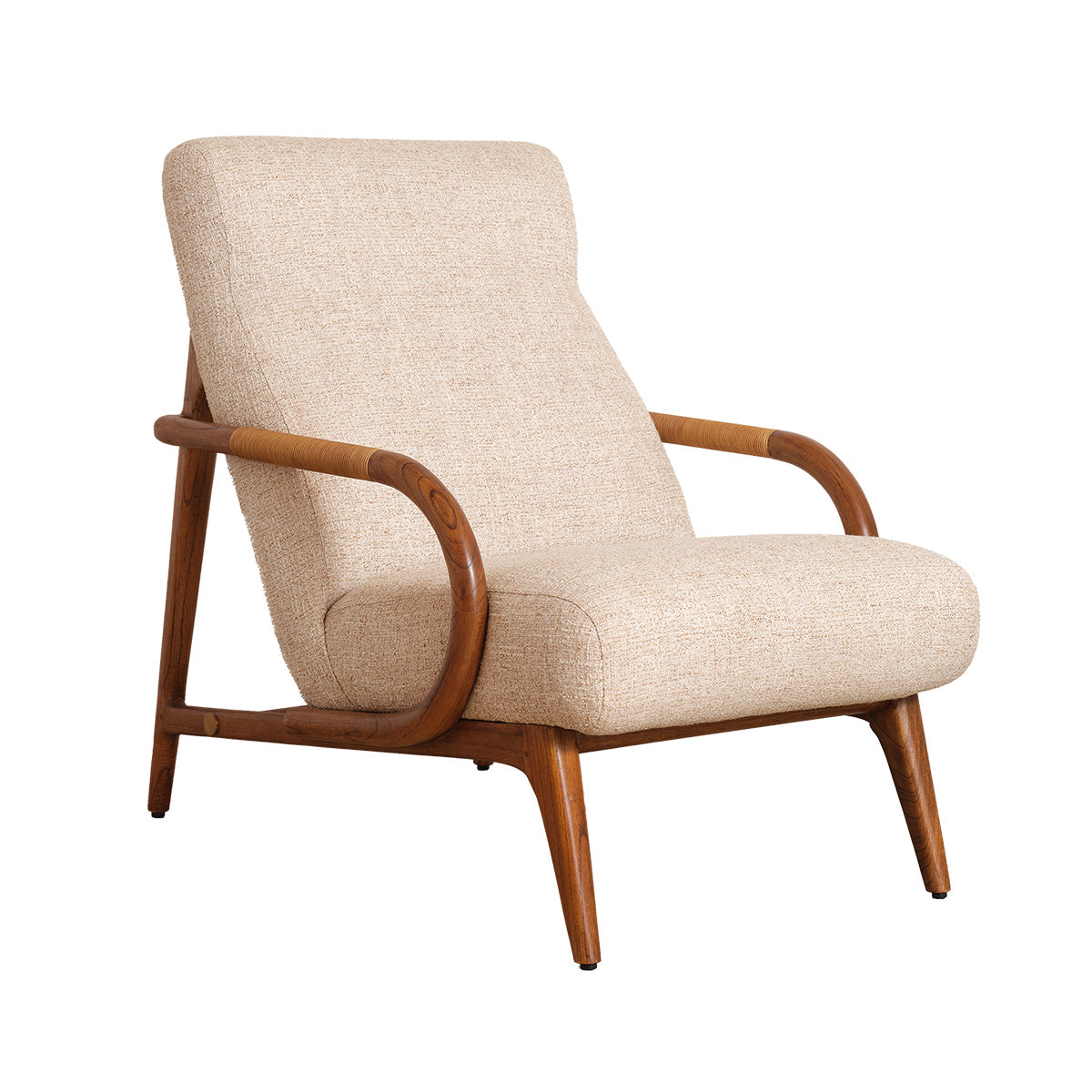 GABIN - Poltrona in legno massello di mindi, rattan e tessuto beige melange