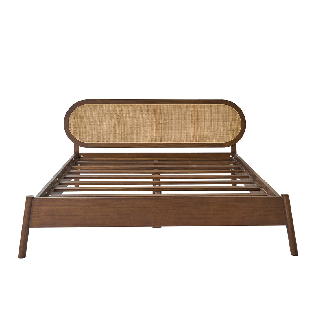 LILA - Letto in legno di mindi e paglia intrecciata, finitura noce, 180 cm, con rete