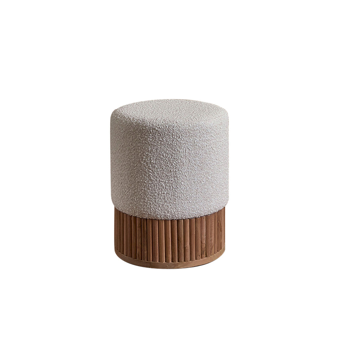 SERENE - Pouf in teak massello e tessuto bouclé bianco Ø38 cm