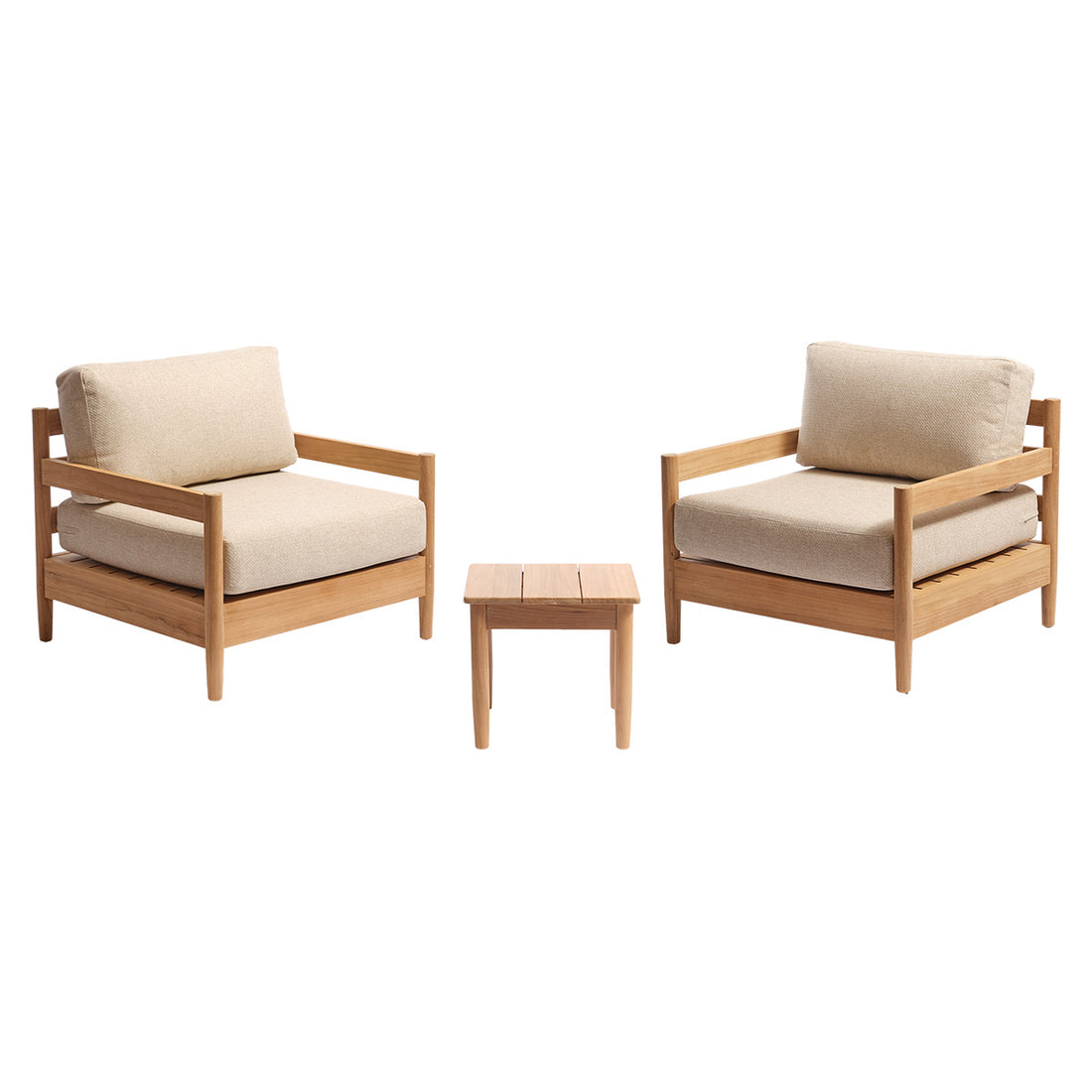 CALVI - Set da giardino basso in teak massiccio con cuscini beige screziati, per 2 persone.