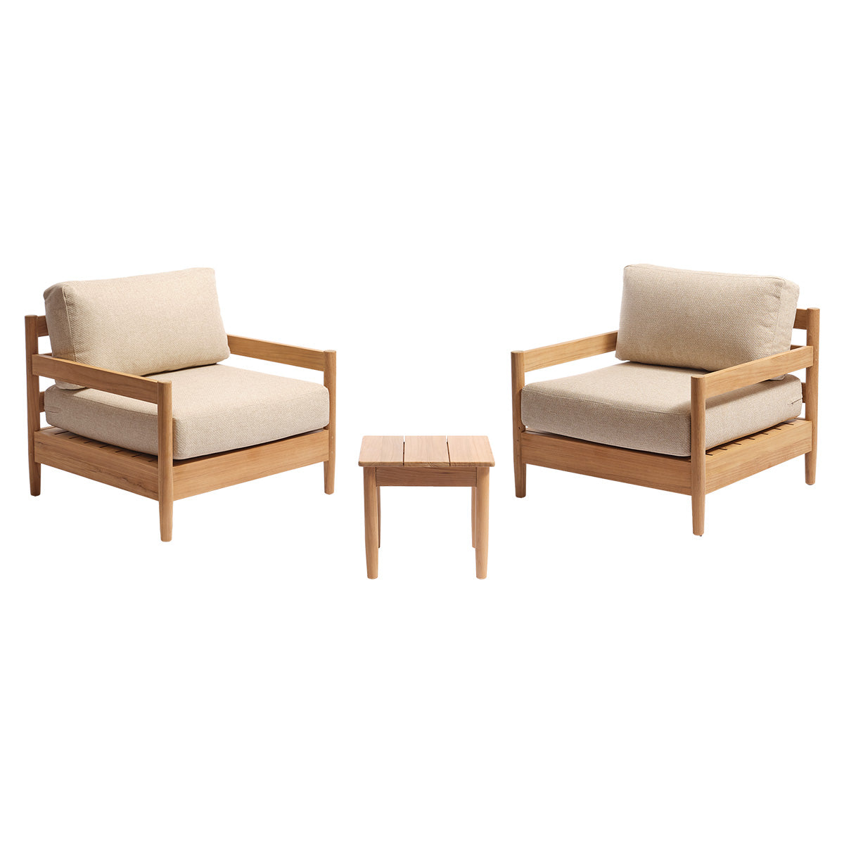 CALVI - Set da giardino basso in teak massiccio con cuscini beige screziati, per 2 persone.