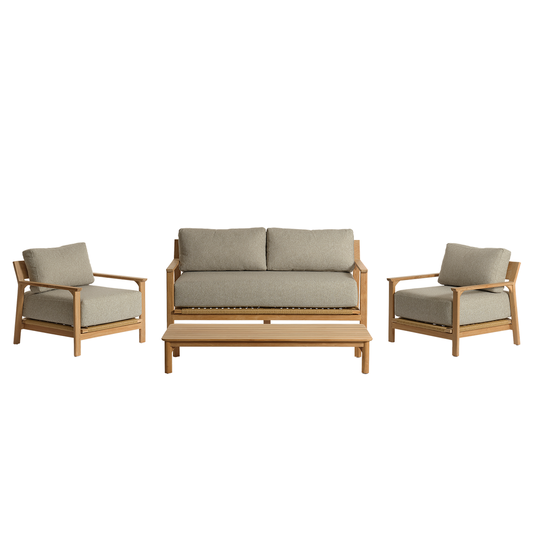 PIANA - Set da giardino basso in teak massiccio con cuscini grigi melange, per 4 persone.
