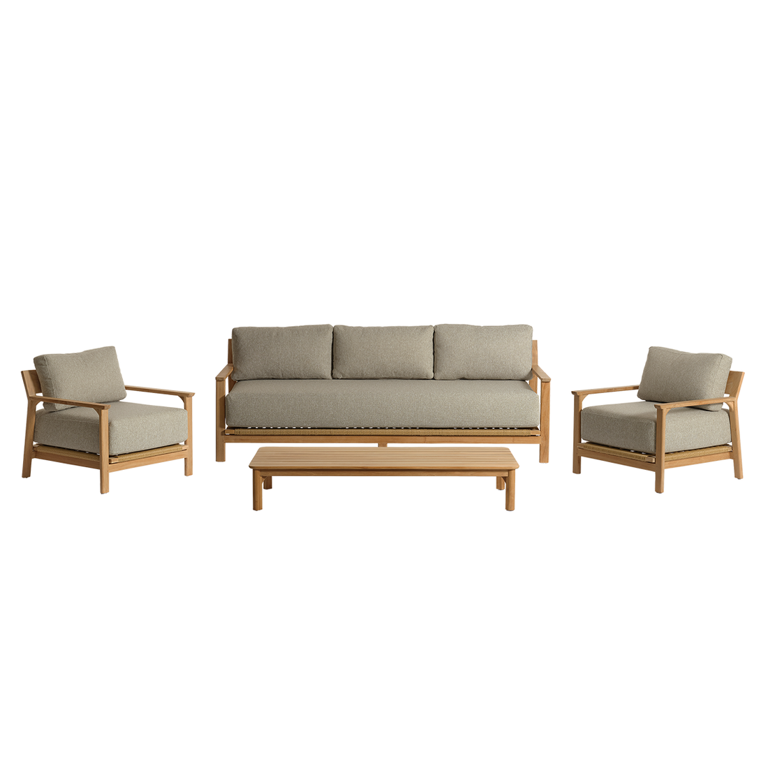 PIANA - Set da giardino basso in teak massiccio con cuscini grigi melange, per 5 persone.