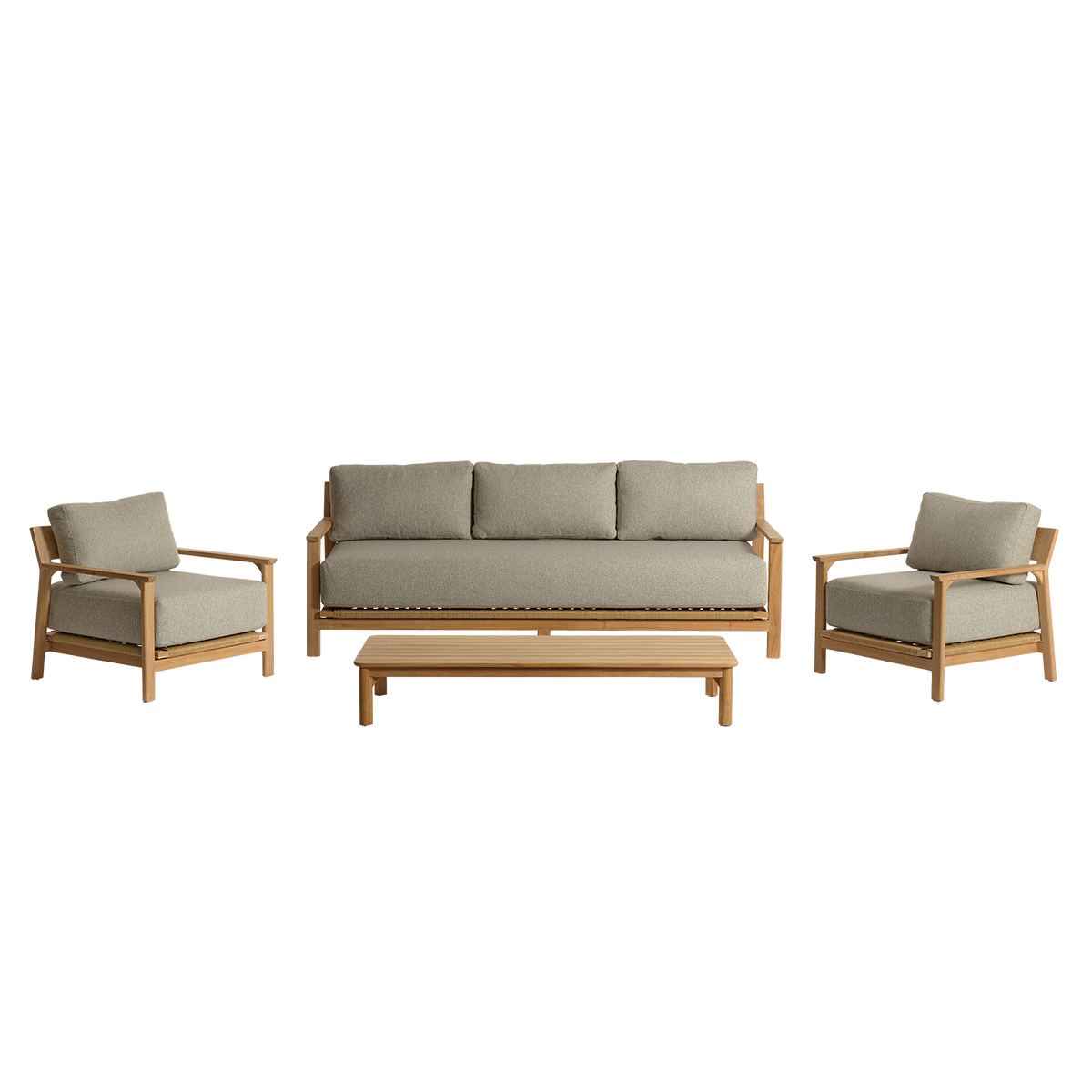 PIANA - Set da giardino basso in teak massiccio con cuscini grigi melange, per 5 persone.