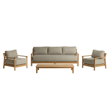 Set da giardino basso in teak massiccio con cuscini grigi melange, per 5 persone.