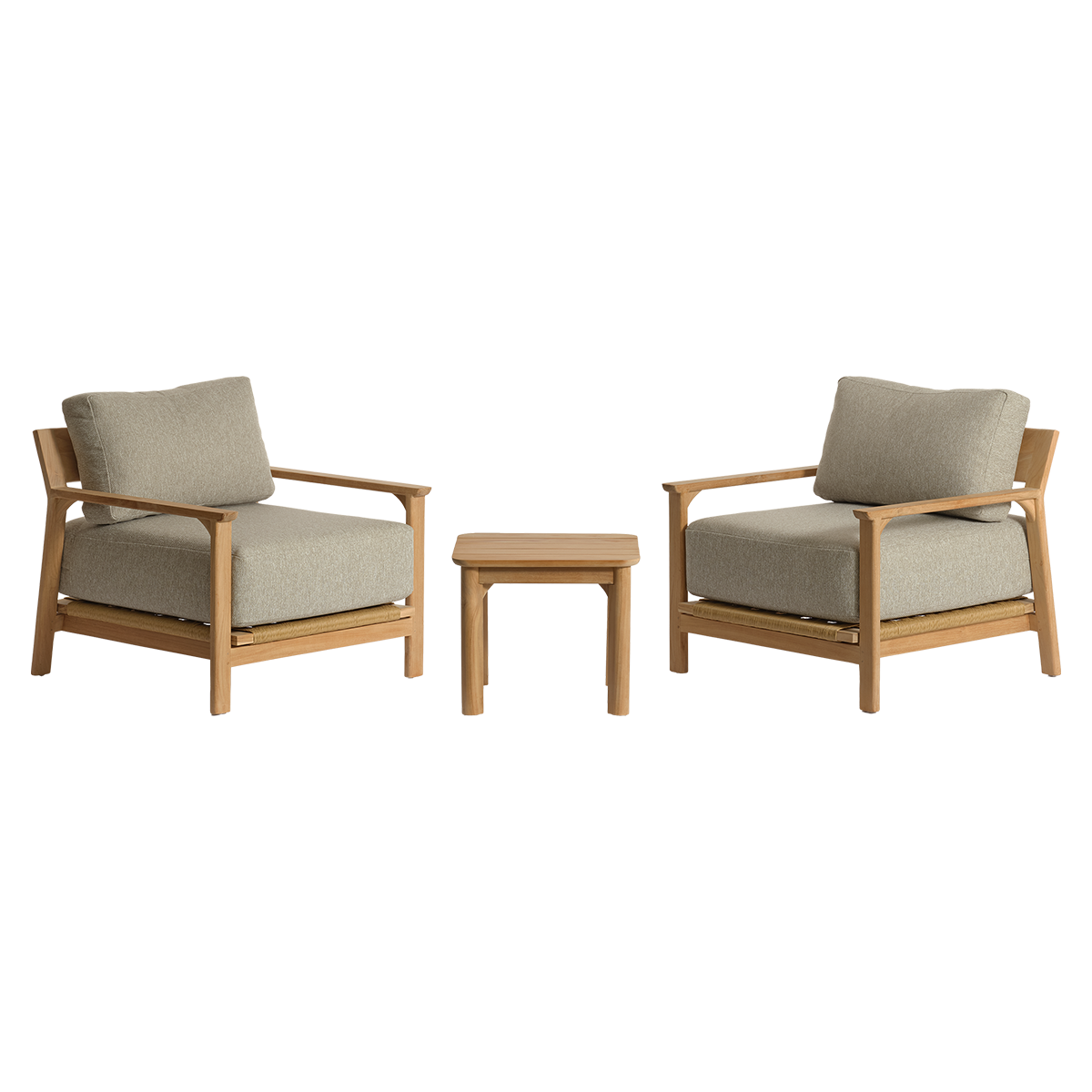 PIANA - Set da giardino basso in teak massiccio con cuscini grigi melange, per 2 persone.