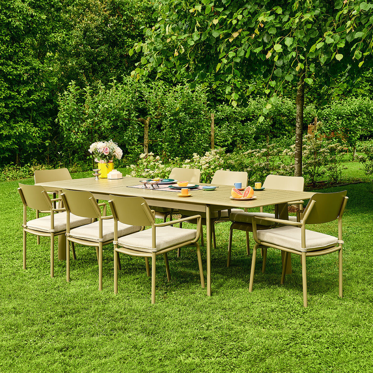 SARO - Set da giardino in alluminio allungabile, color kaki chiaro, per 6-10 persone