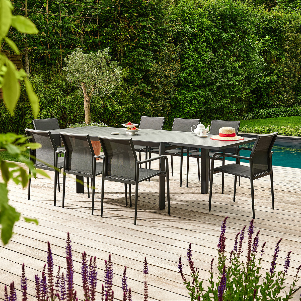BASALT - Set da giardino in alluminio e textilene estensibile grigio, 6/10 persone