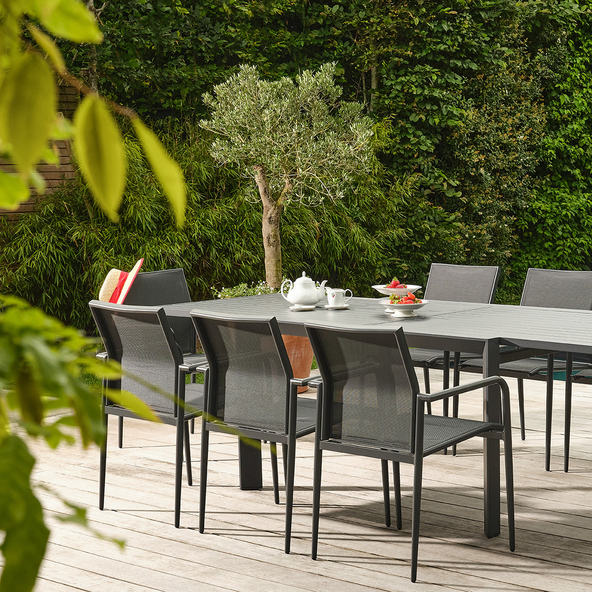 BASALT - Set da giardino in alluminio e textilene estensibile grigio, 6/10 persone