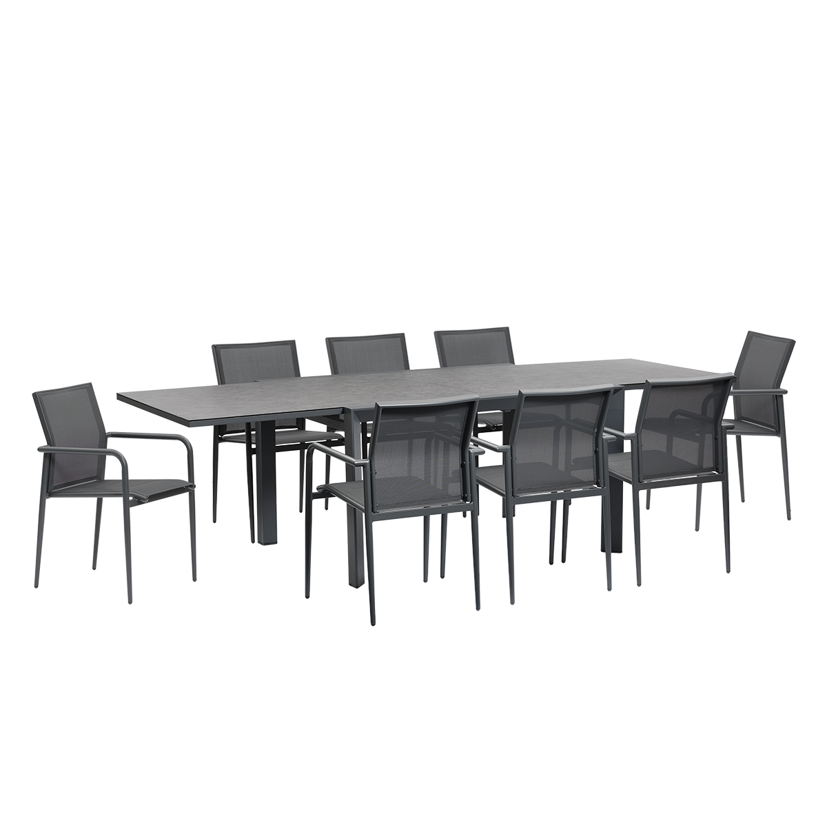 BASALT - Set da giardino in alluminio, vetro e textilene grigio, 6/10 persone.