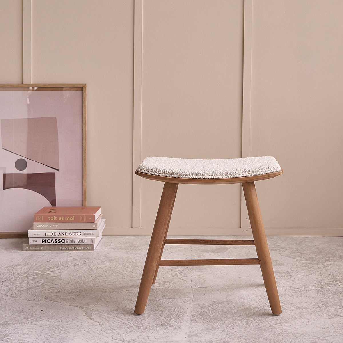 AMBRE - Sgabello da bar in teak massello con seduta bouclé 45 cm
