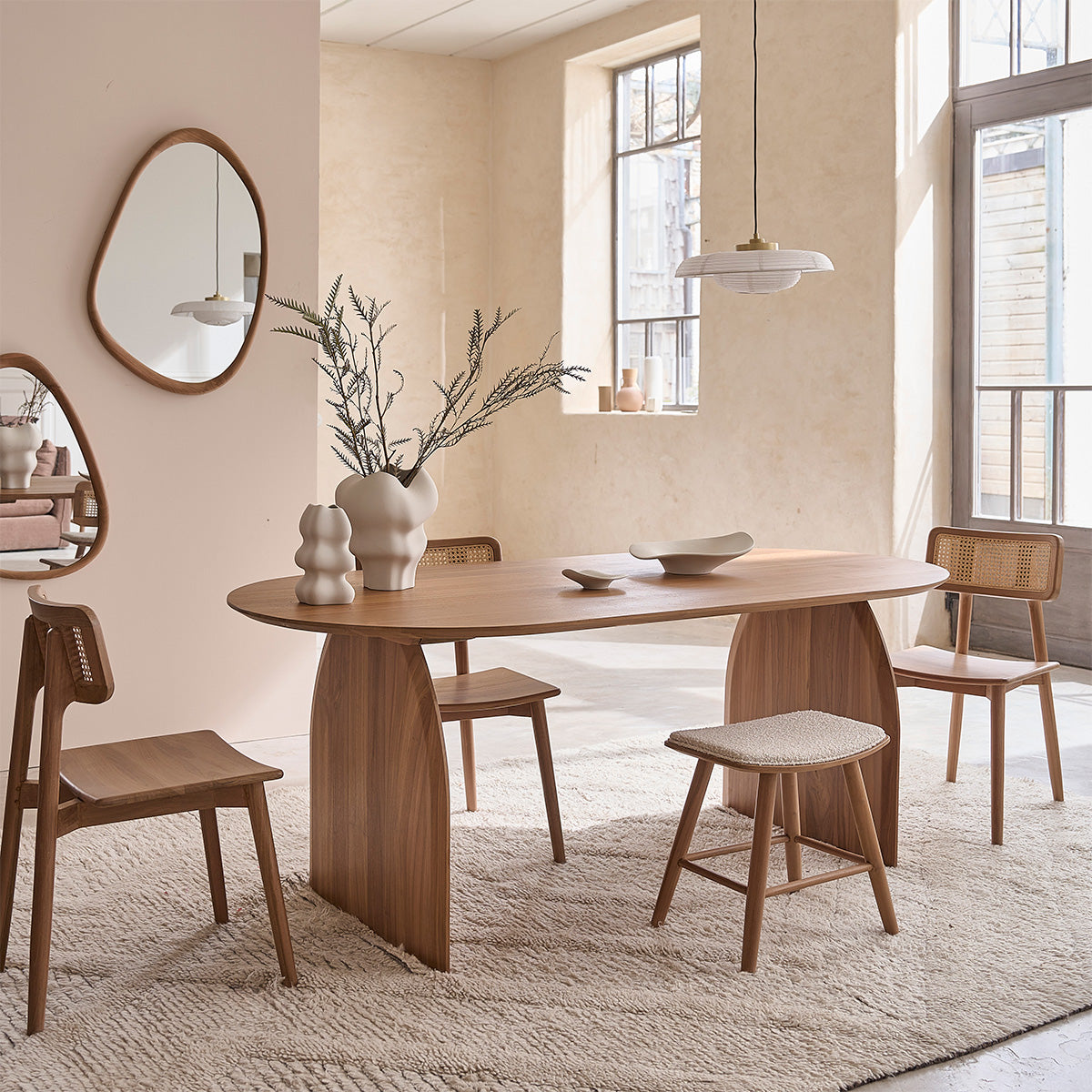 AMBRE - Sgabello da bar in teak massello con seduta bouclé 45 cm