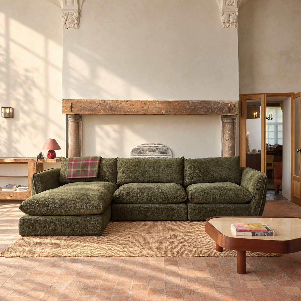 LEOPOLD - Divano componibile a 3 posti in tessuto ciniglia verde melange - chaise longue a sinistra