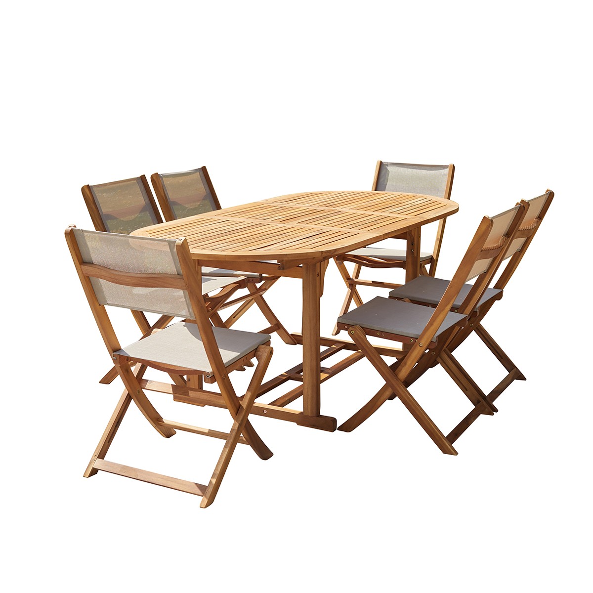 HANOÏ - Set di mobili da giardino in legno di acacia massello e textilene grigio 6/8 pers.