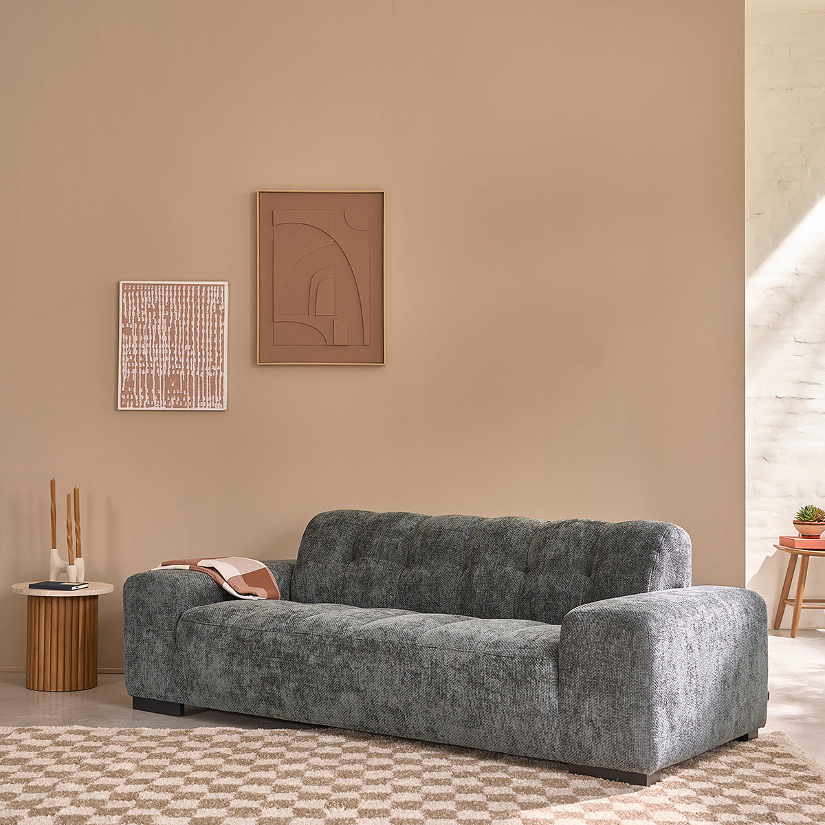 ALPHONSE - Divano dritto a 3 posti in velluto intrecciato grigio-verde