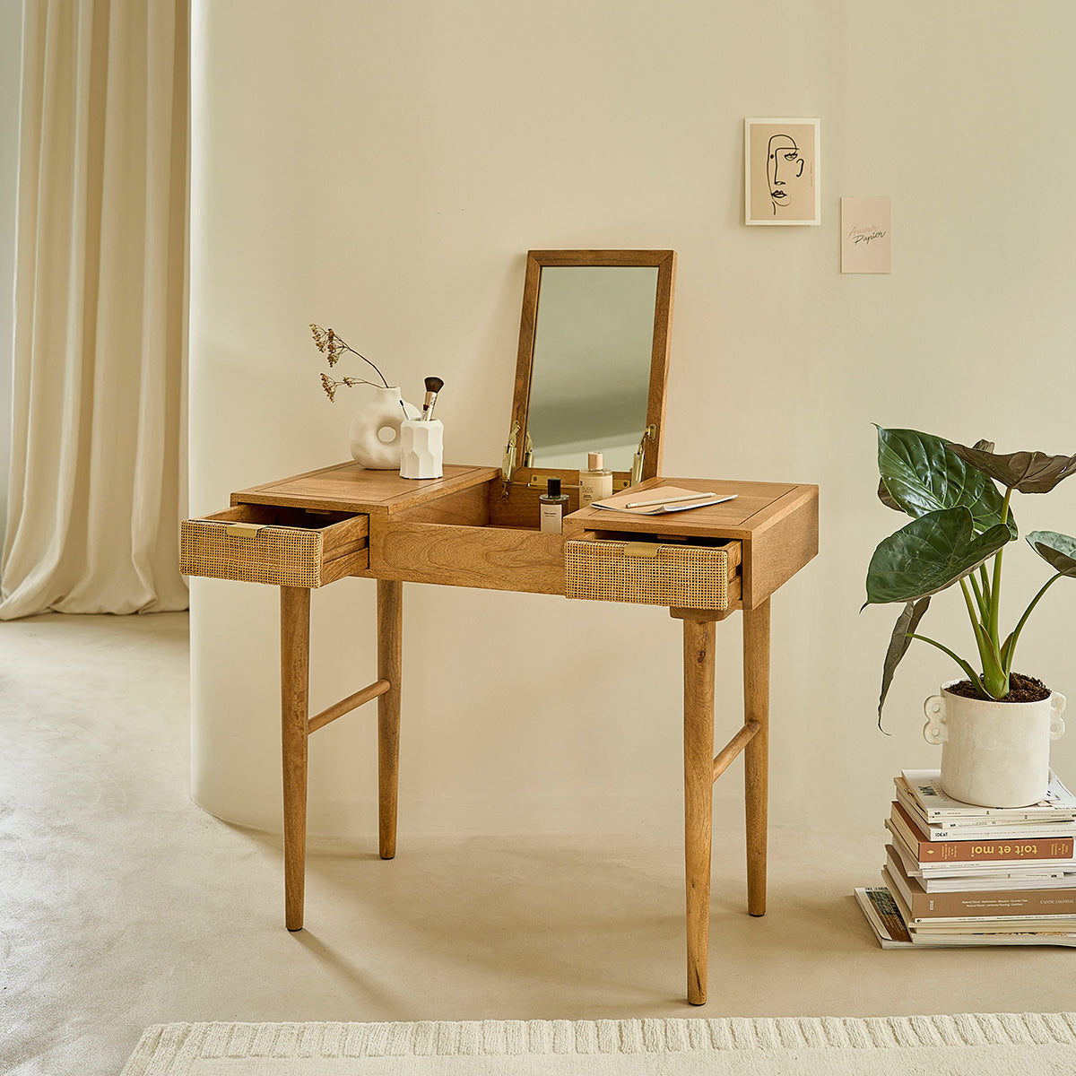 FELICIE - Tavolino da toilette in mango massello e midollino 90 cm