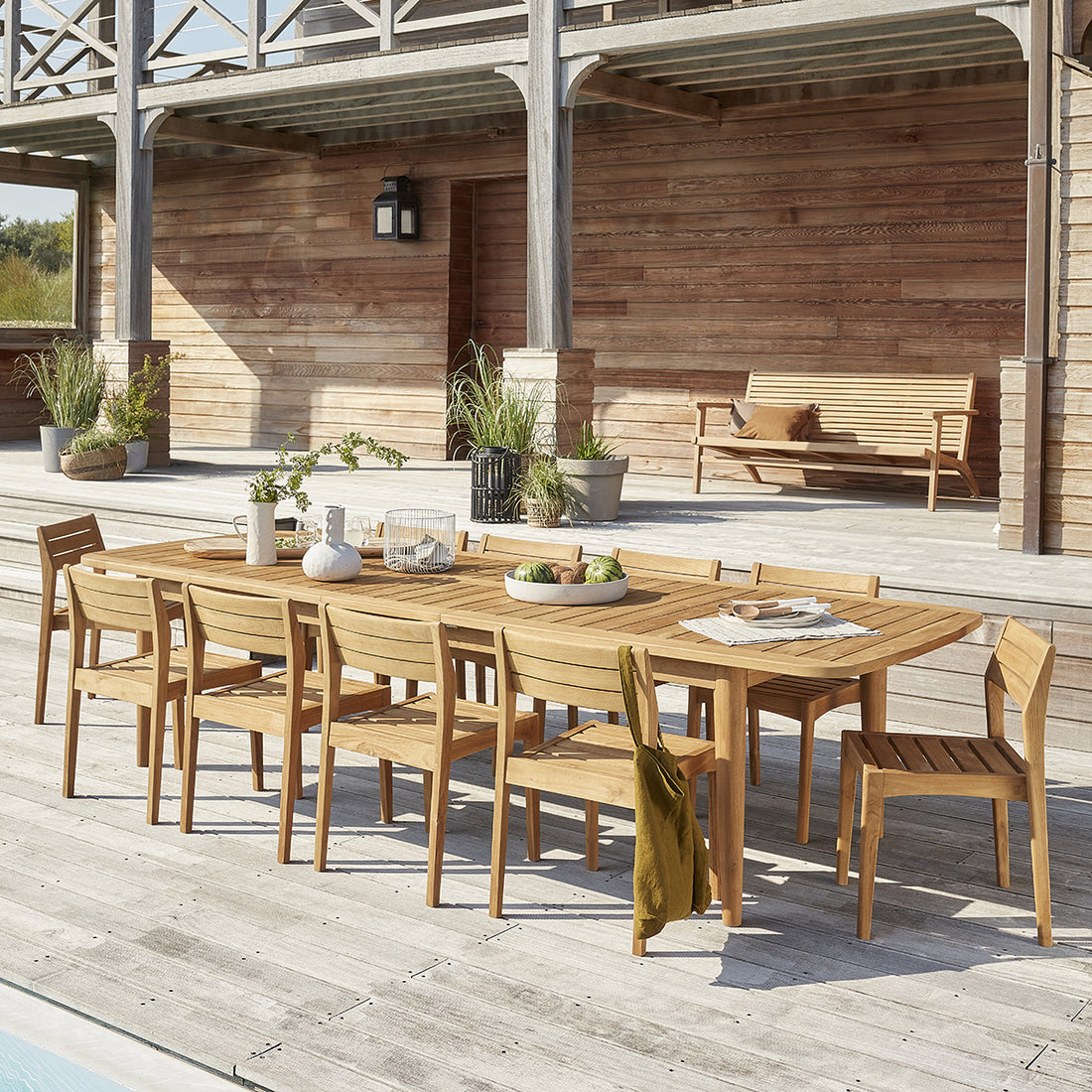 HORTENSE - Set di mobili da giardino con tavolo allungabile in teak riciclato 10/12 pers.