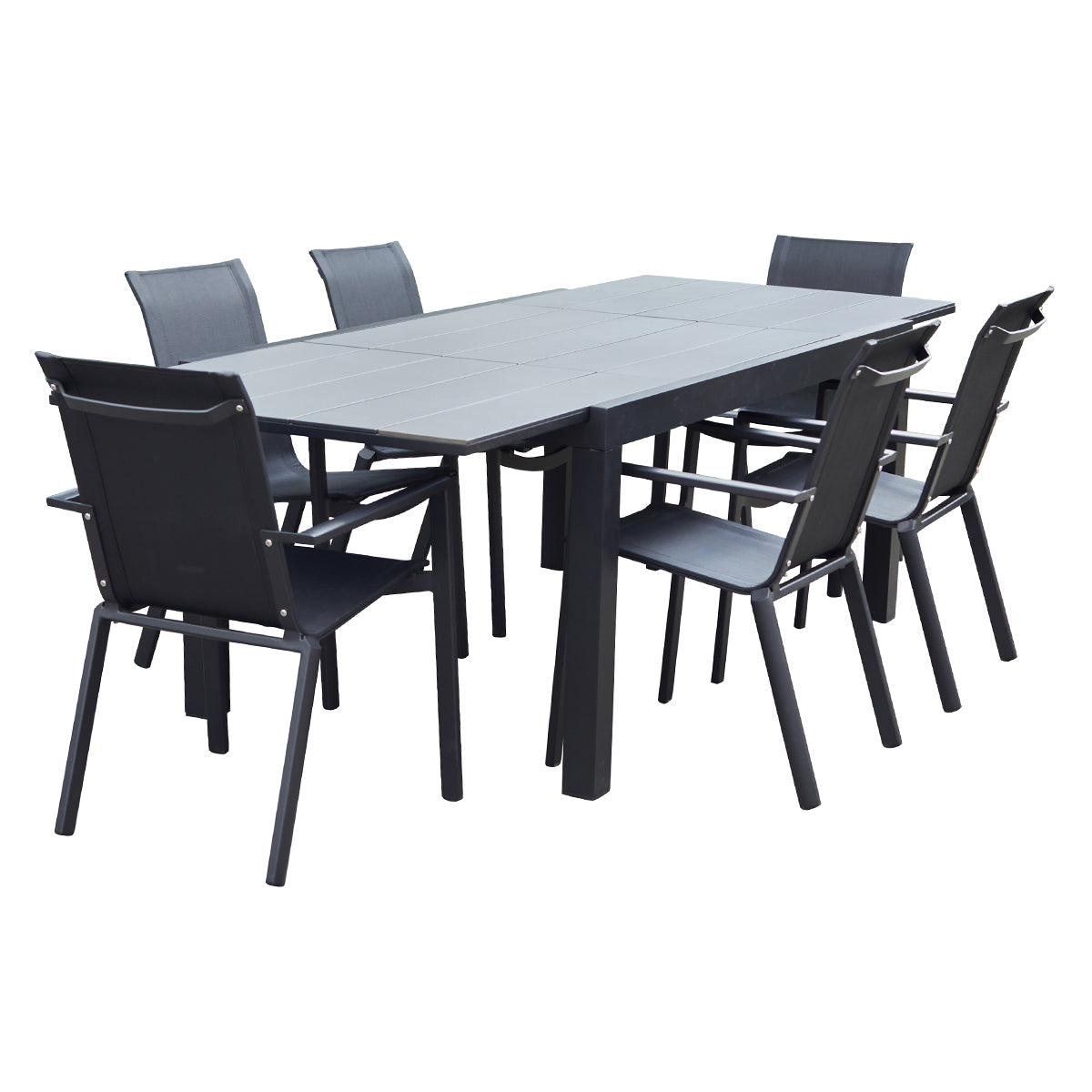 HPL STAR - Set di mobili da giardino in alluminio nero e textilene grigio 6/10 pers.