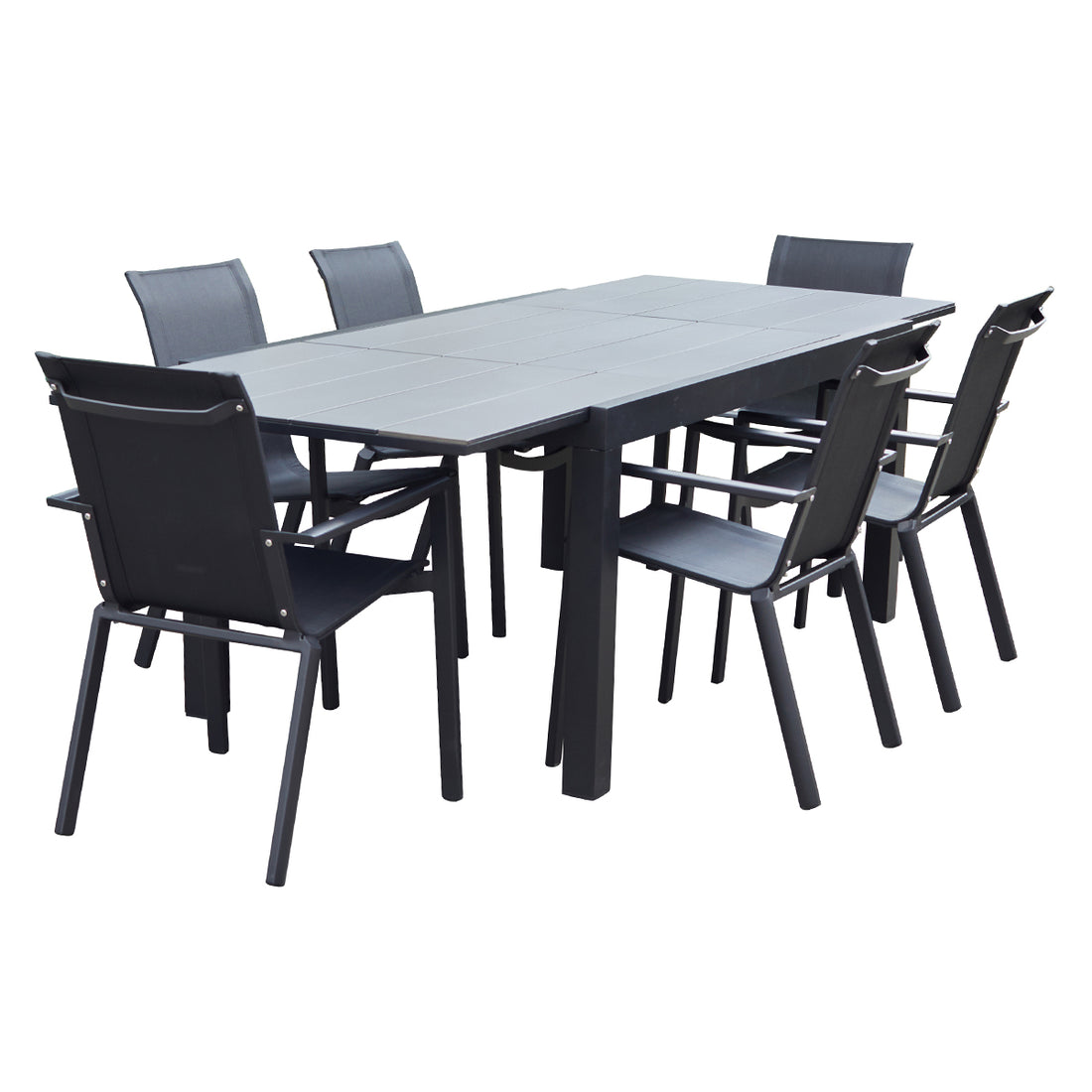 HPL STAR - Set di mobili da giardino in alluminio nero e textilene grigio 6/10 pers.