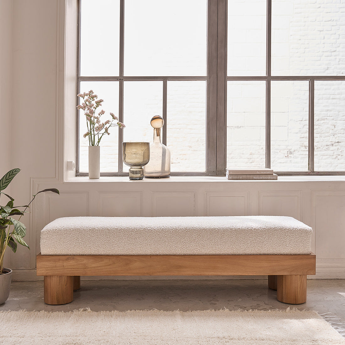 THÉODORE - Panca in teak massello e tessuto bouclé 140 cm