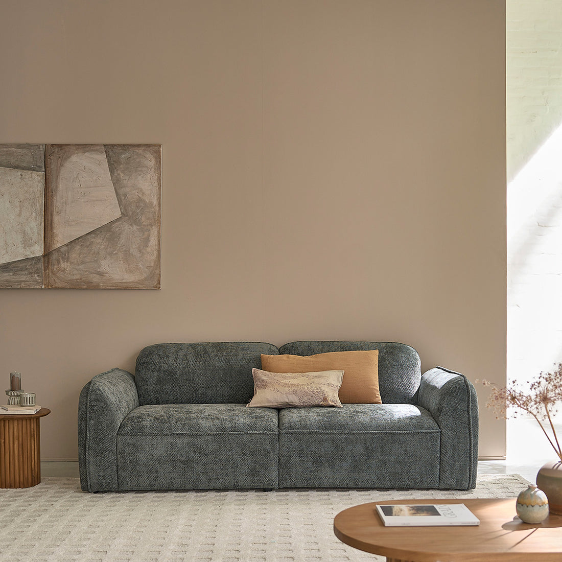 HECTOR - Divano dritto a 3 posti in velluto intrecciato grigio-verde