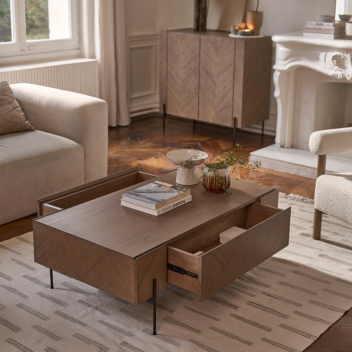 CALIX - Tavolino in mindi massello e metallo finitura noce 120 cm