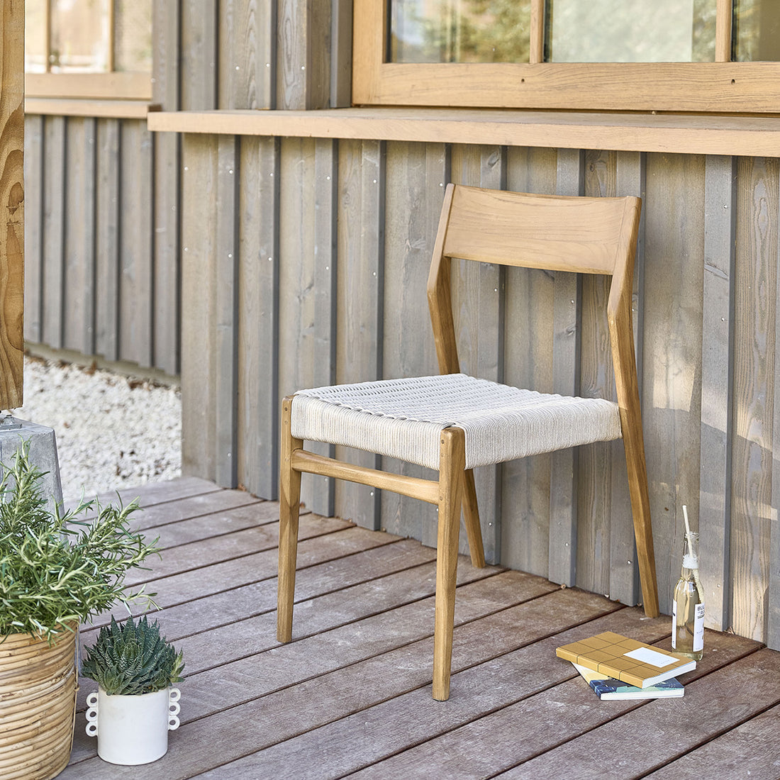 LIVIE - Sedia da giardino in teak massello e corda beige