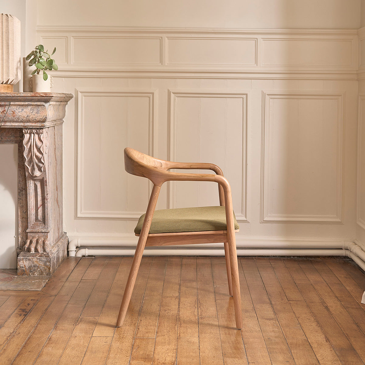 AMBRE - Sedia in teak massello con seduta in velluto a coste color kaki