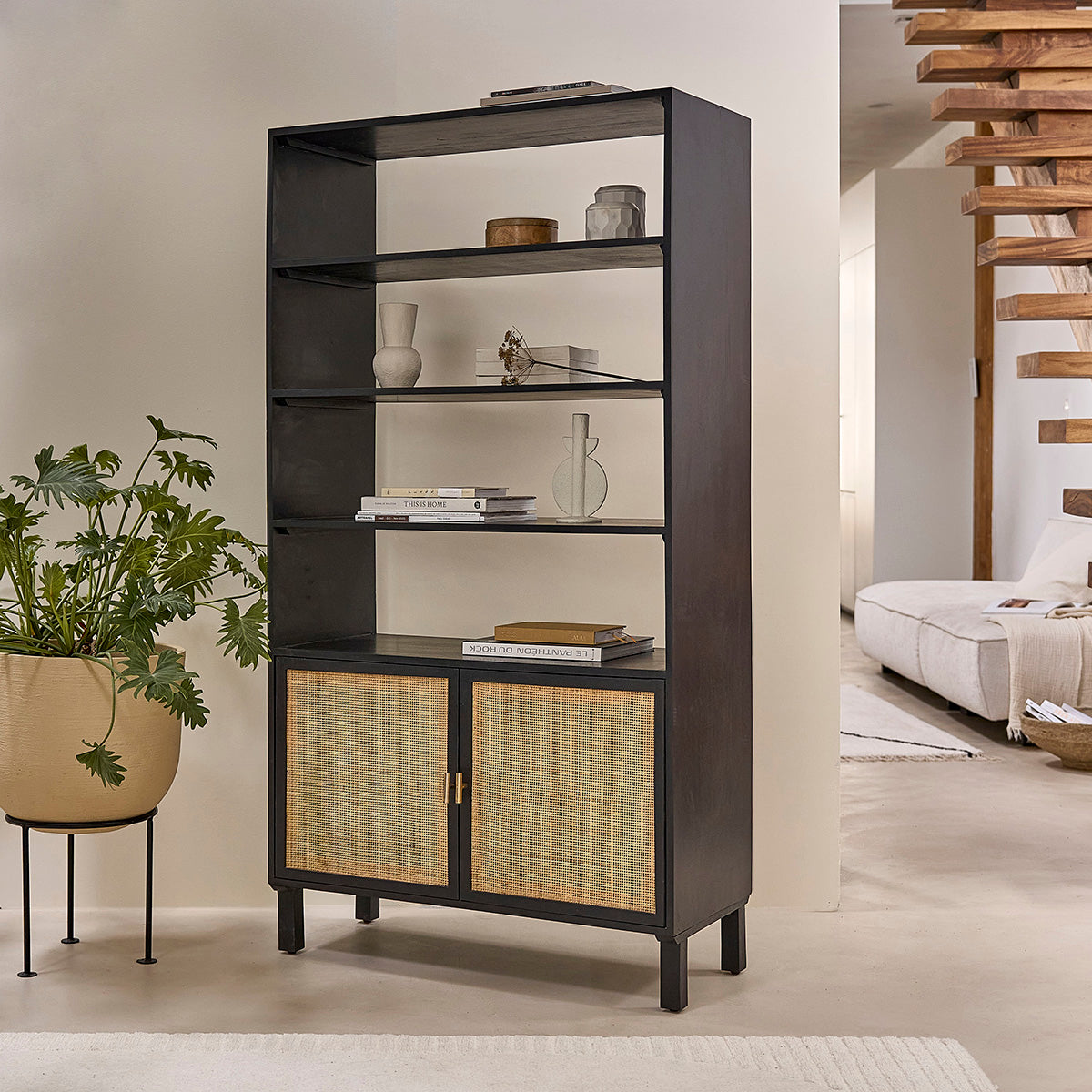 BLAISE - Libreria in di mango massello nero e midollino 170 cm