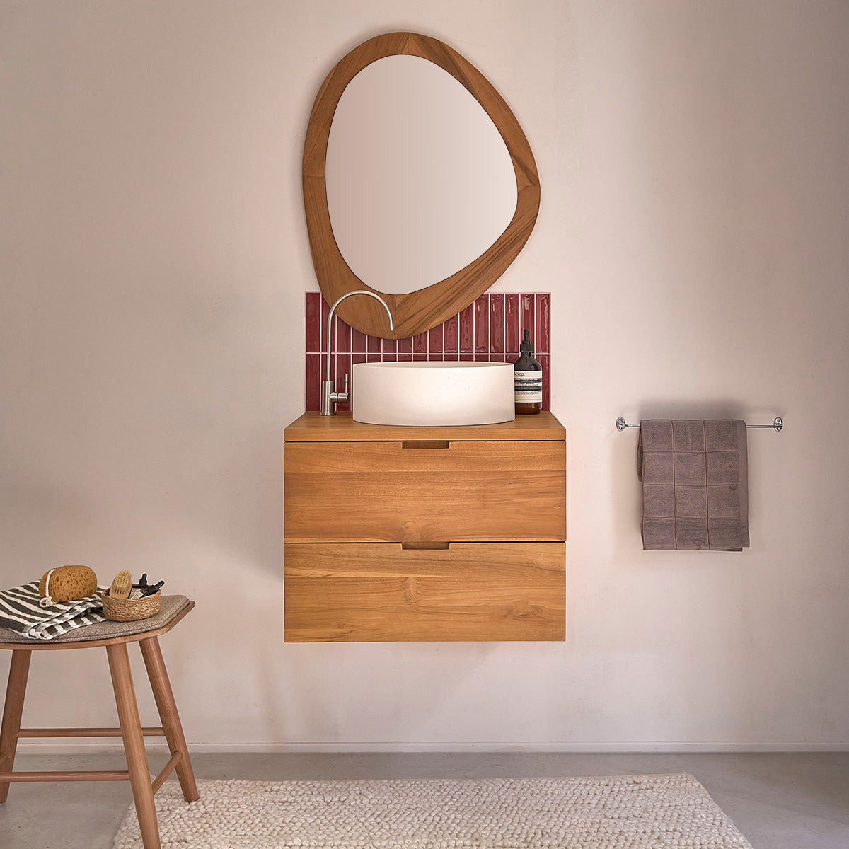 MAË - Mobile sottolavabo sospeso in teak massiccio 60 cm