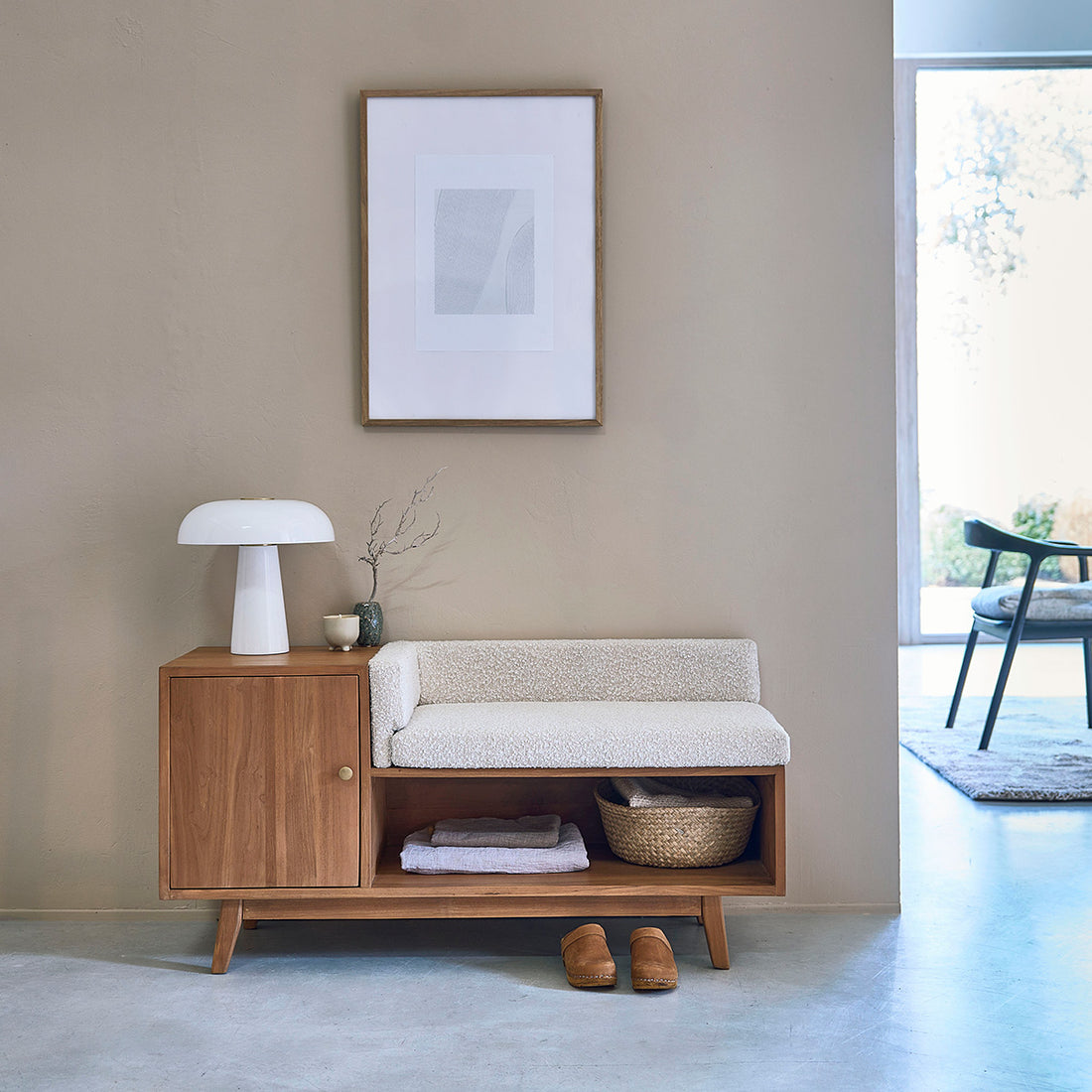 SERENE - Panchina in teak massello e tessuto bouclé 120 cm