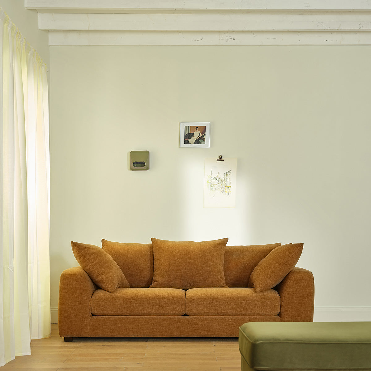 EDMOND - Divano lineare a 3 posti in tessuto effetto lino color bronzo