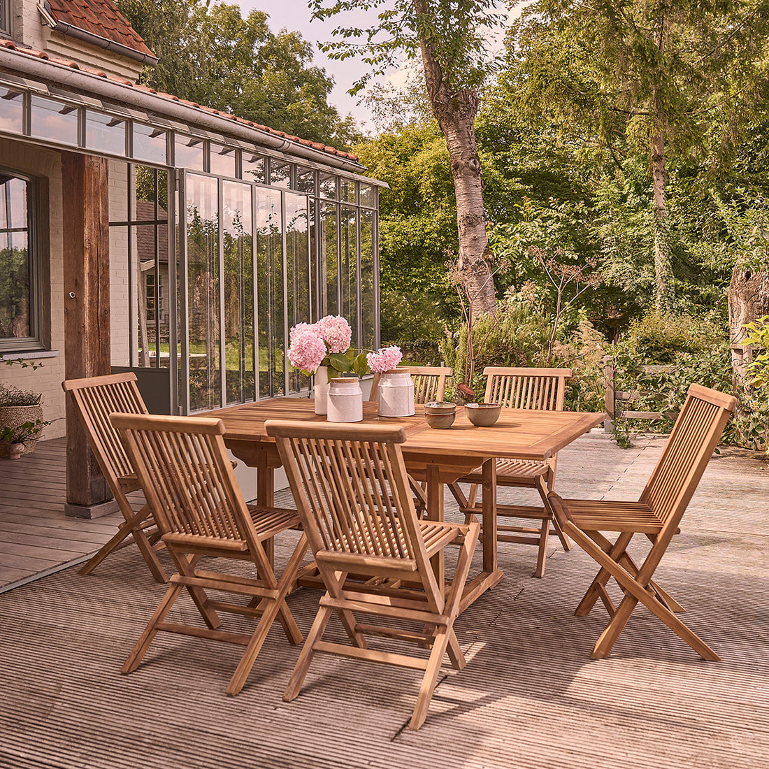 BALI - Set di mobili da giardino con tavolo allungabile in teak massello oliato 6/8 pers.