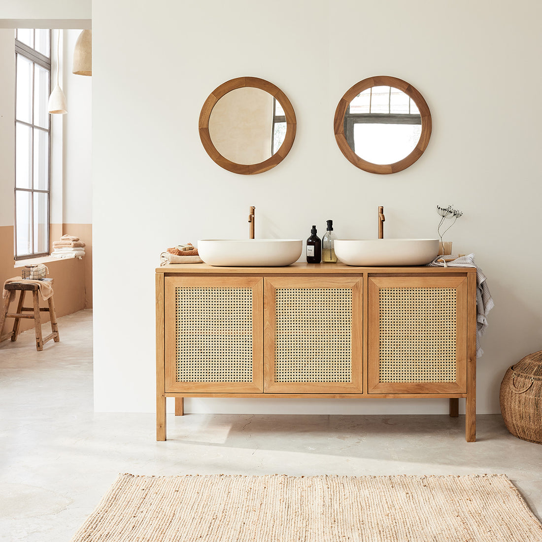 ELIOTT - Mobile per lavabo in teak massello e cannage 145 cm