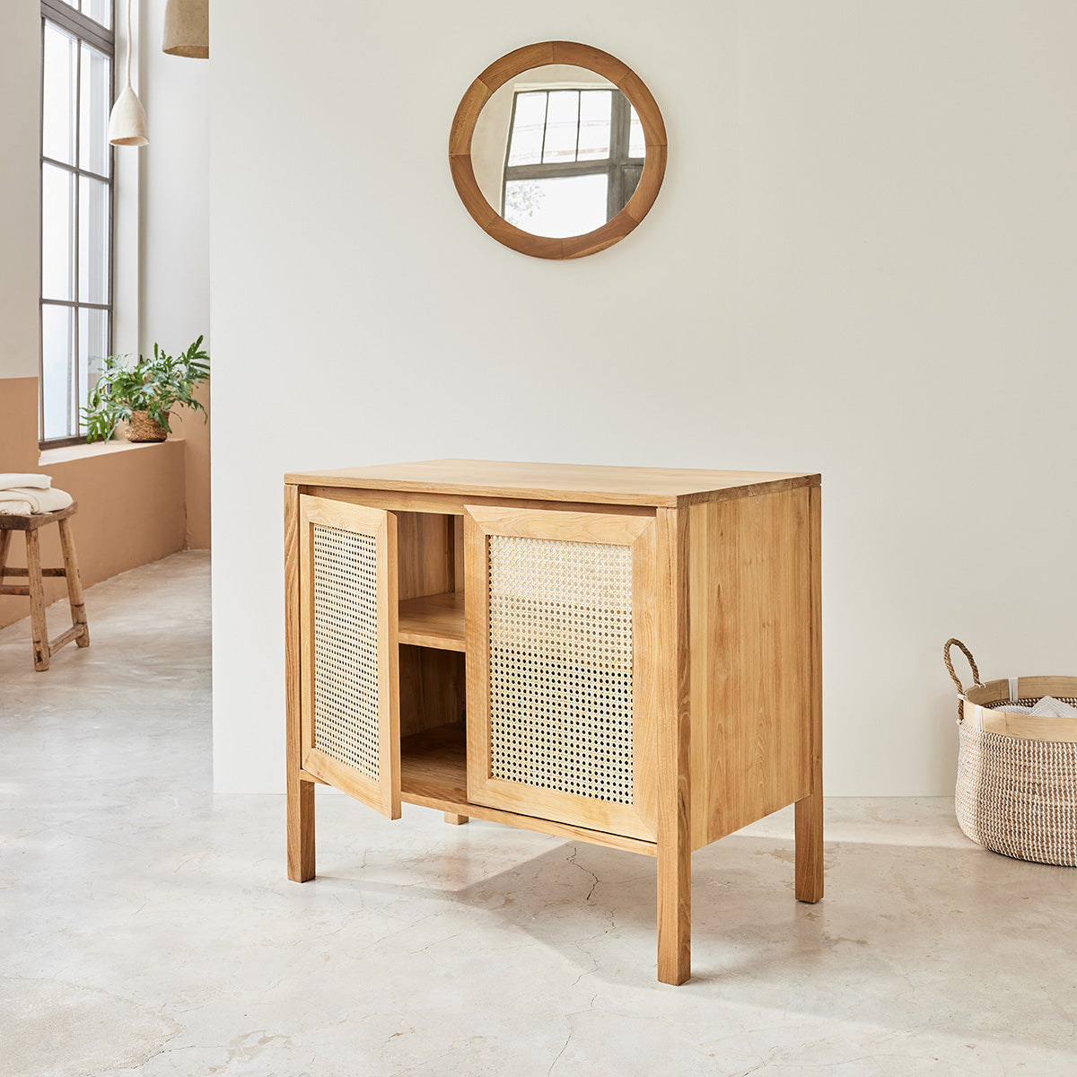 ELIOTT - Mobile per lavabo in teak massello e cannage 90 cm