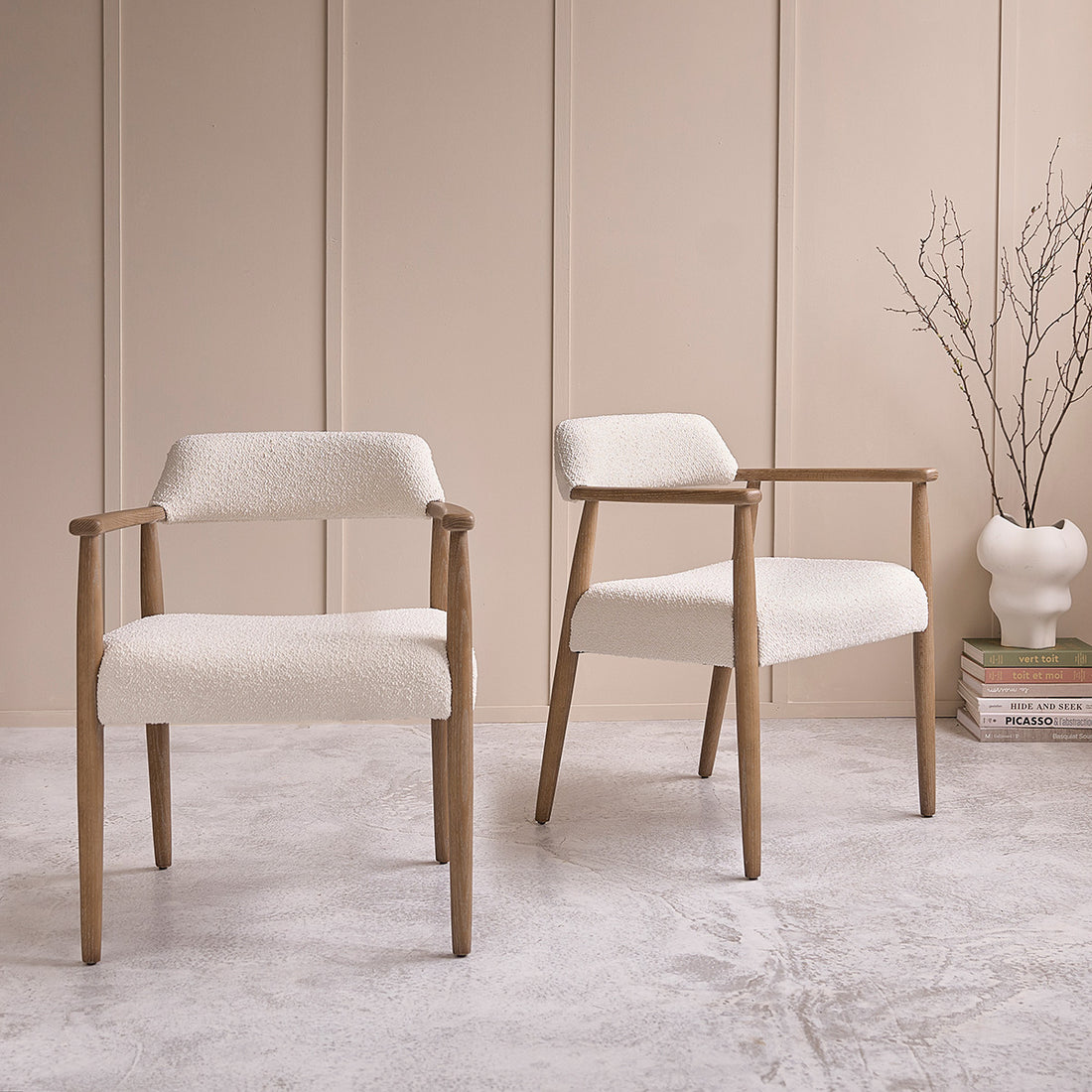 LUISA - Set di 2 sedie in rovere massello e tessuto bouclé