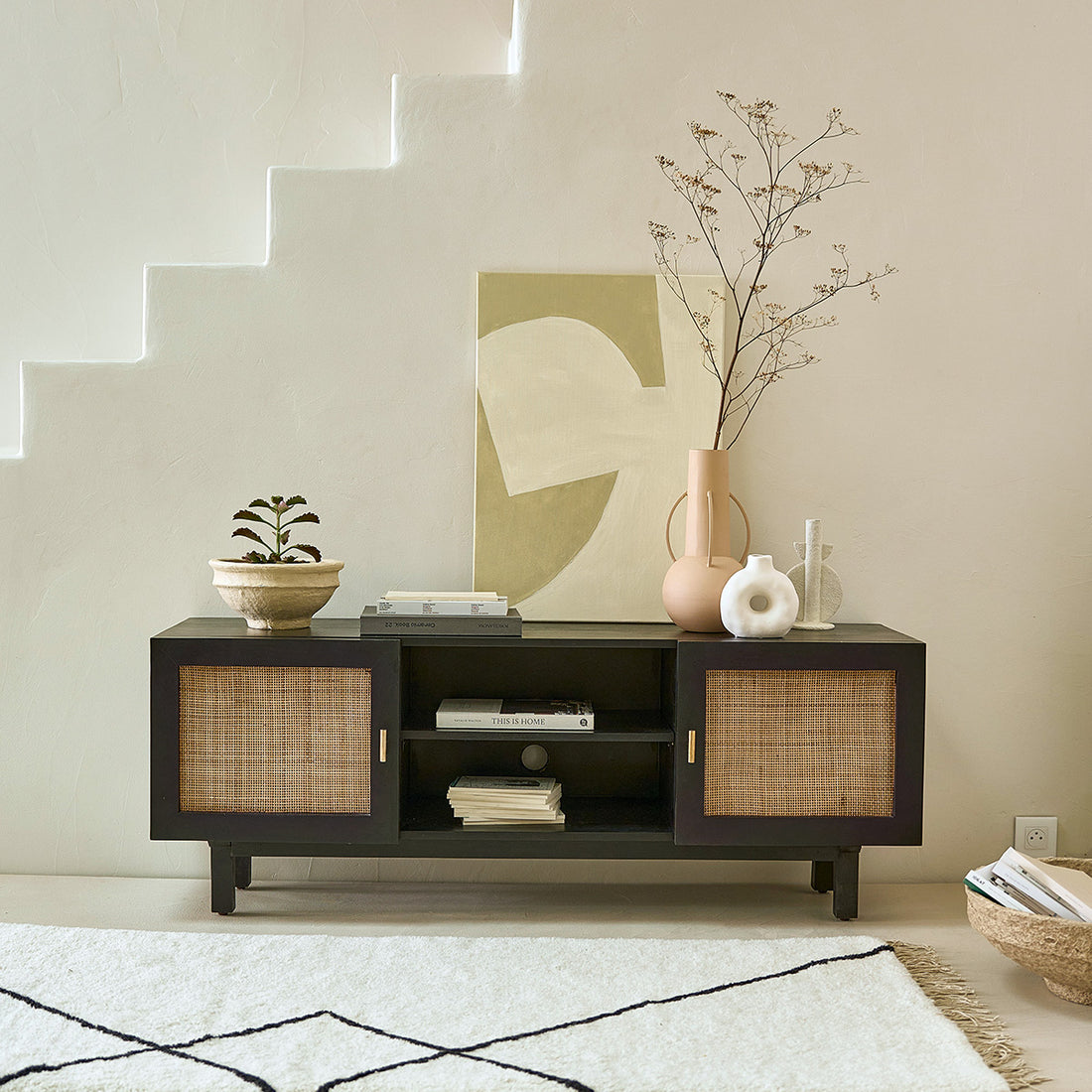 BLAISE - Mobile TV in mango massello nero e midollino 140 cm